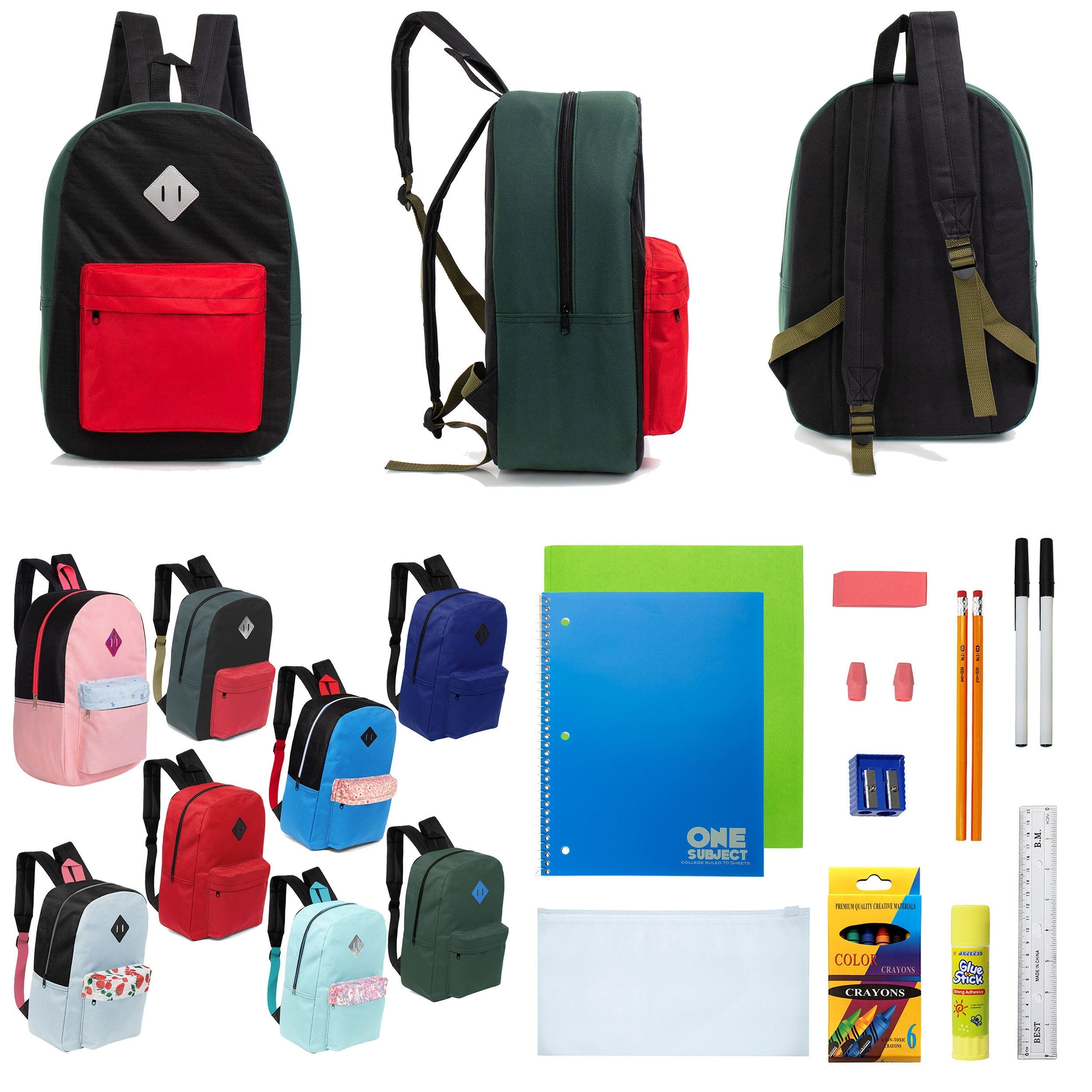 12 Wholesale 17" Padded Backpacks in Random Prints & 12 Bulk School Supply Kits of Your Choice