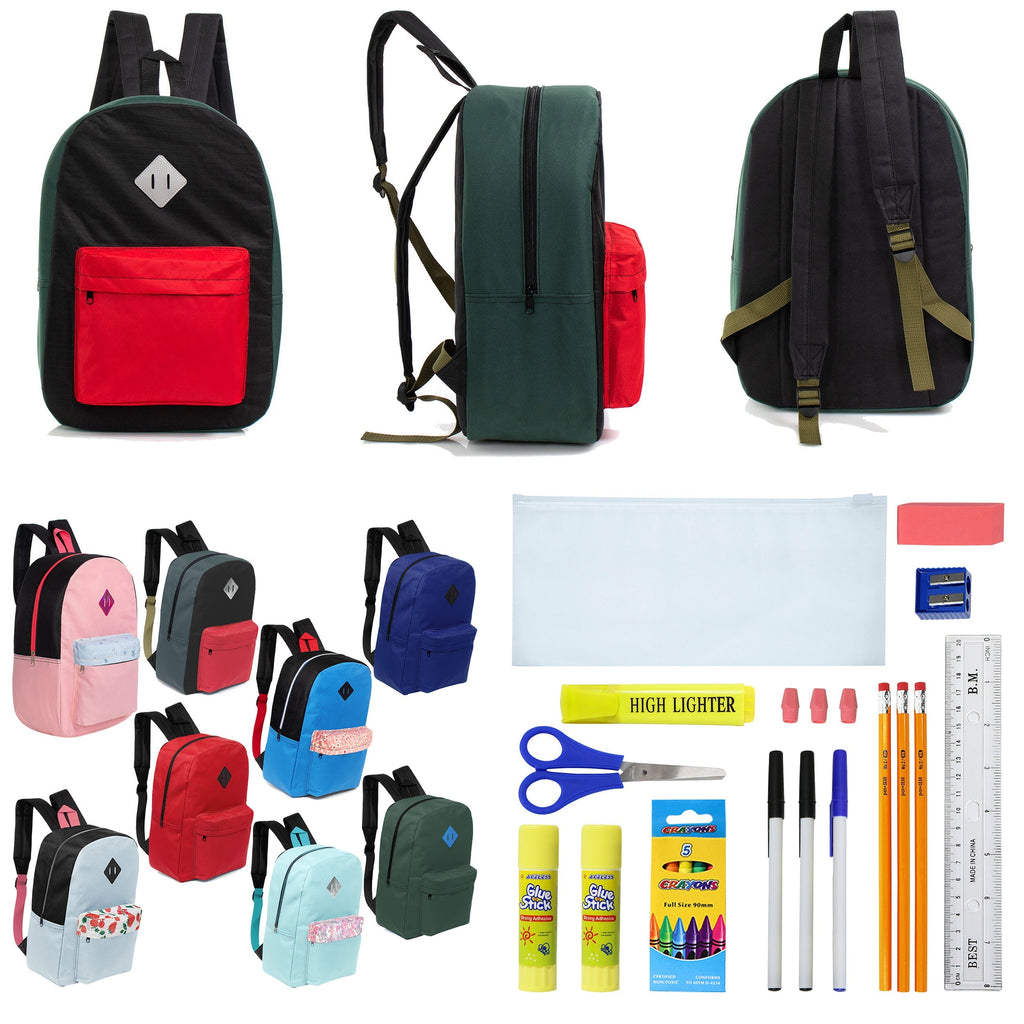 12 Wholesale 17" Padded Backpacks in Random Prints & 12 Bulk School Supply Kits of Your Choice