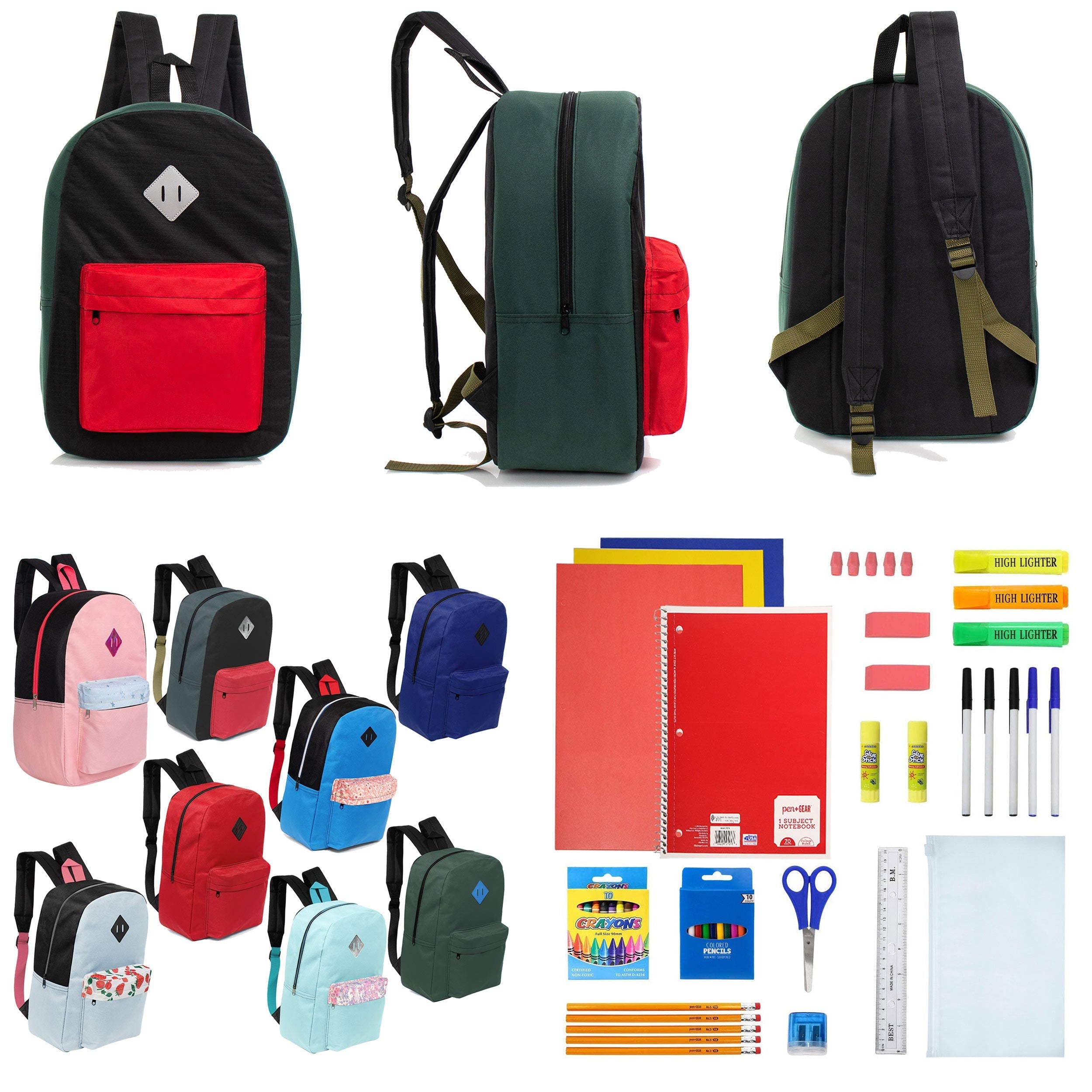 12 Wholesale 17" Padded Backpacks in Random Prints & 12 Bulk School Supply Kits of Your Choice