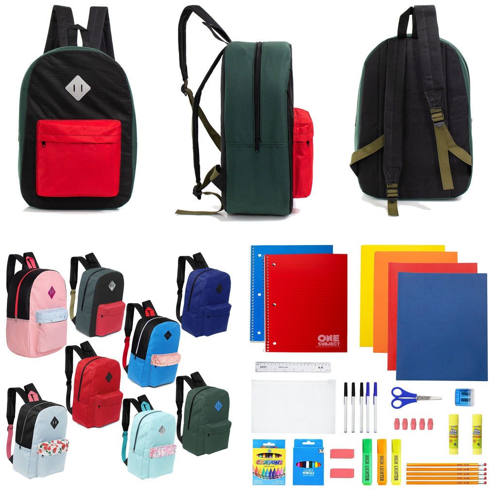 12 Wholesale 17" Padded Backpacks in Random Prints & 12 Bulk School Supply Kits of Your Choice
