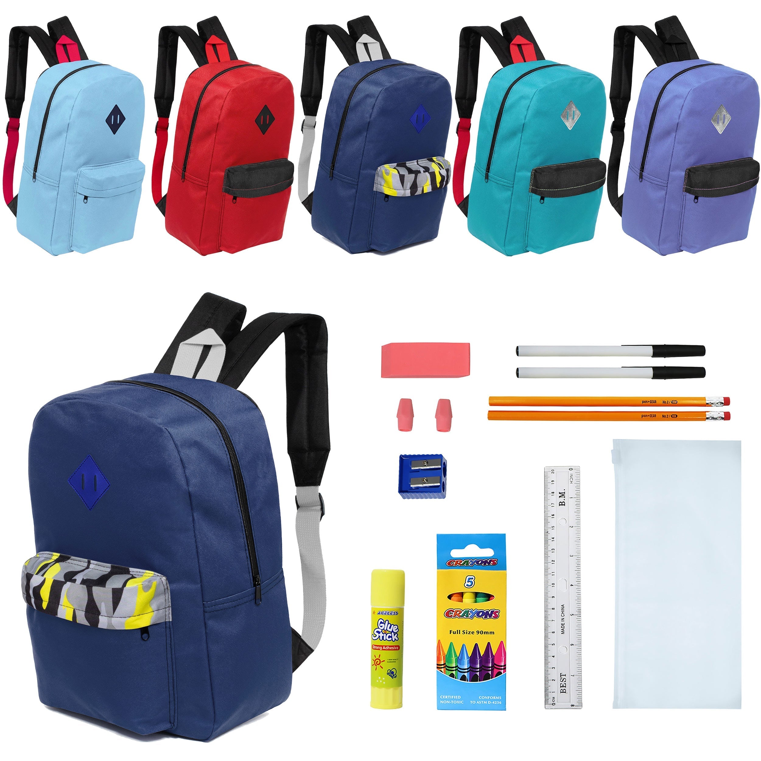 12 Wholesale 17" Padded Backpacks in 5 Random Prints & 12 Bulk School Supply Kits of Your Choice