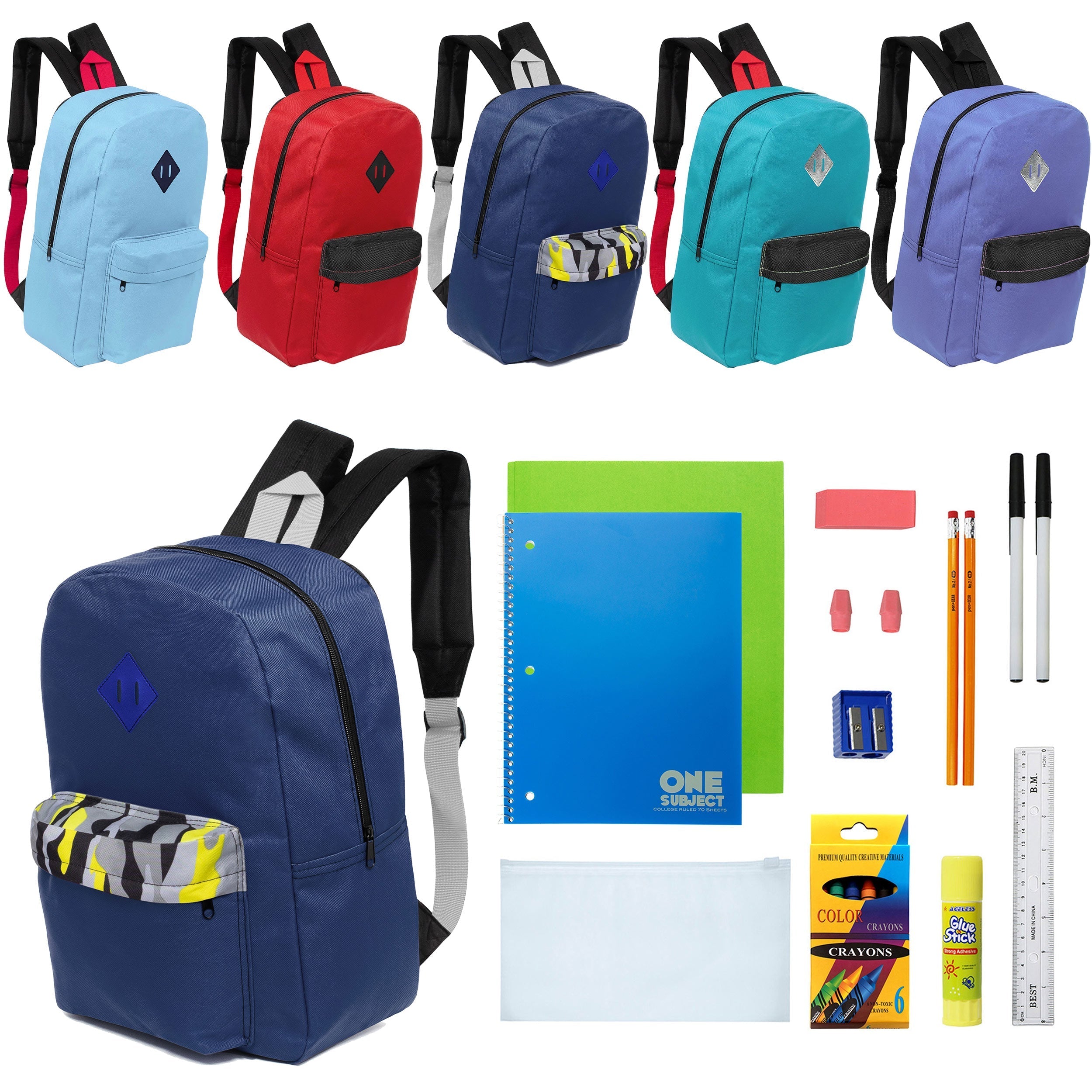 12 Wholesale 17" Padded Backpacks in 5 Random Prints & 12 Bulk School Supply Kits of Your Choice