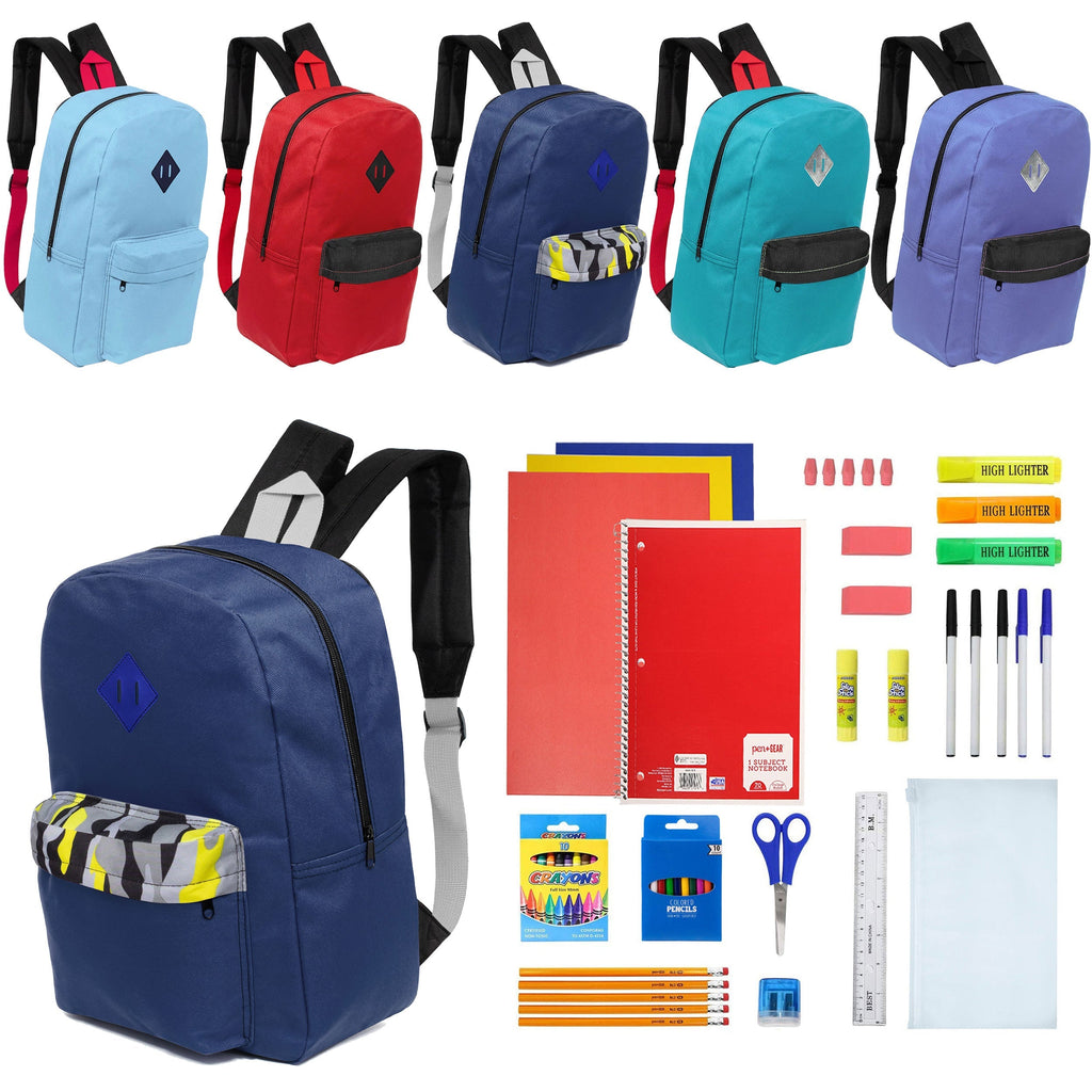 12 Wholesale 17" Padded Backpacks in 5 Random Prints & 12 Bulk School Supply Kits of Your Choice