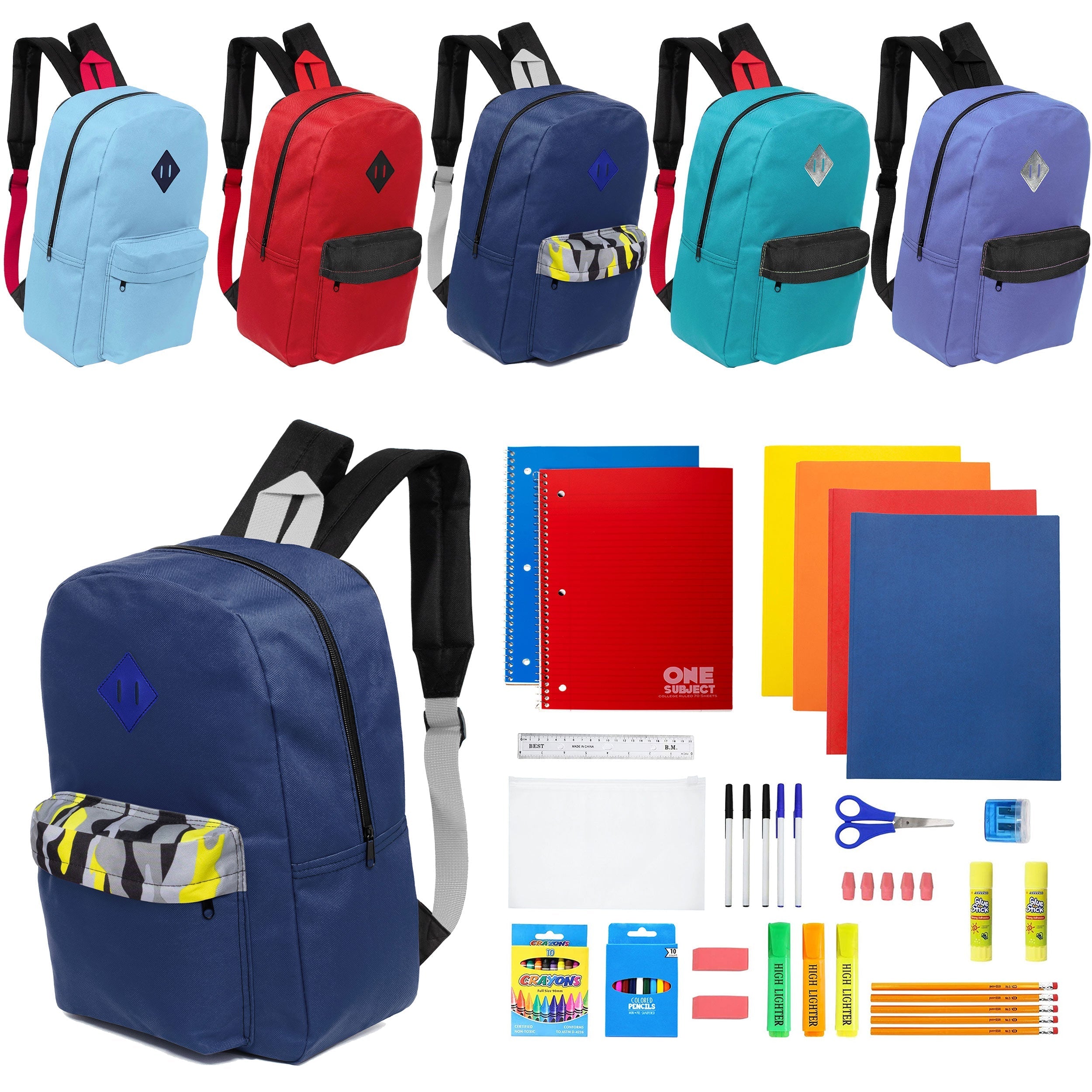 12 Wholesale 17" Padded Backpacks in 5 Random Prints & 12 Bulk School Supply Kits of Your Choice