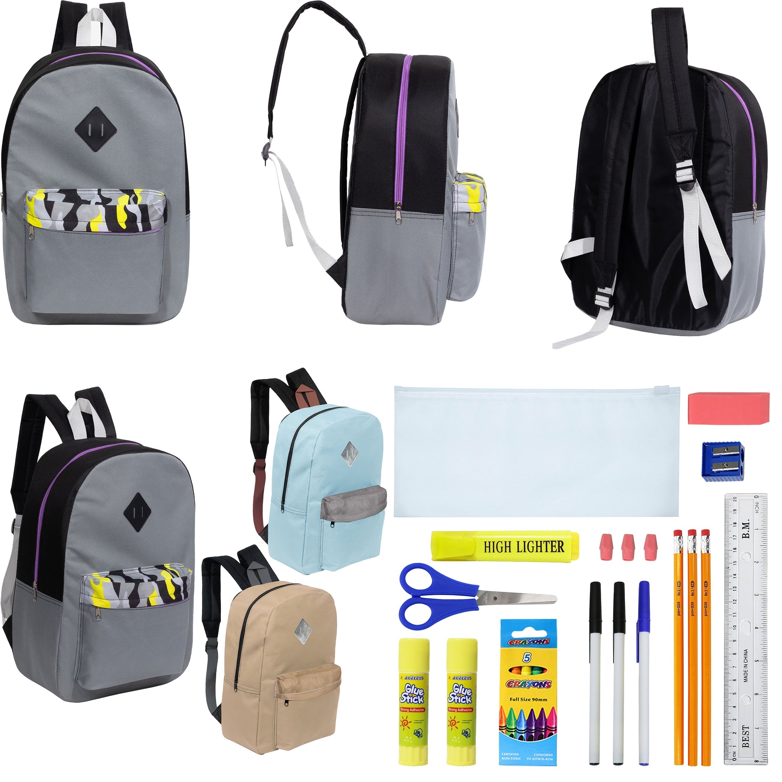 12 Wholesale 17" Padded Backpacks in 3 Random Prints & 12 Bulk School Supply Kits of Your Choice