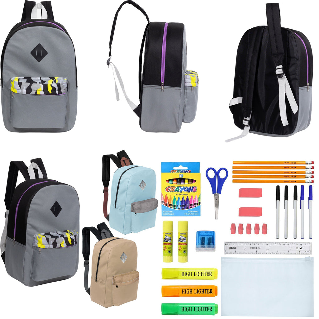 12 Wholesale 17" Padded Backpacks in 3 Random Prints & 12 Bulk School Supply Kits of Your Choice
