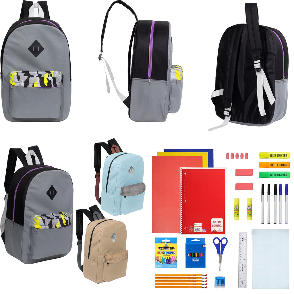 12 Wholesale 17" Padded Backpacks in 3 Random Prints & 12 Bulk School Supply Kits of Your Choice