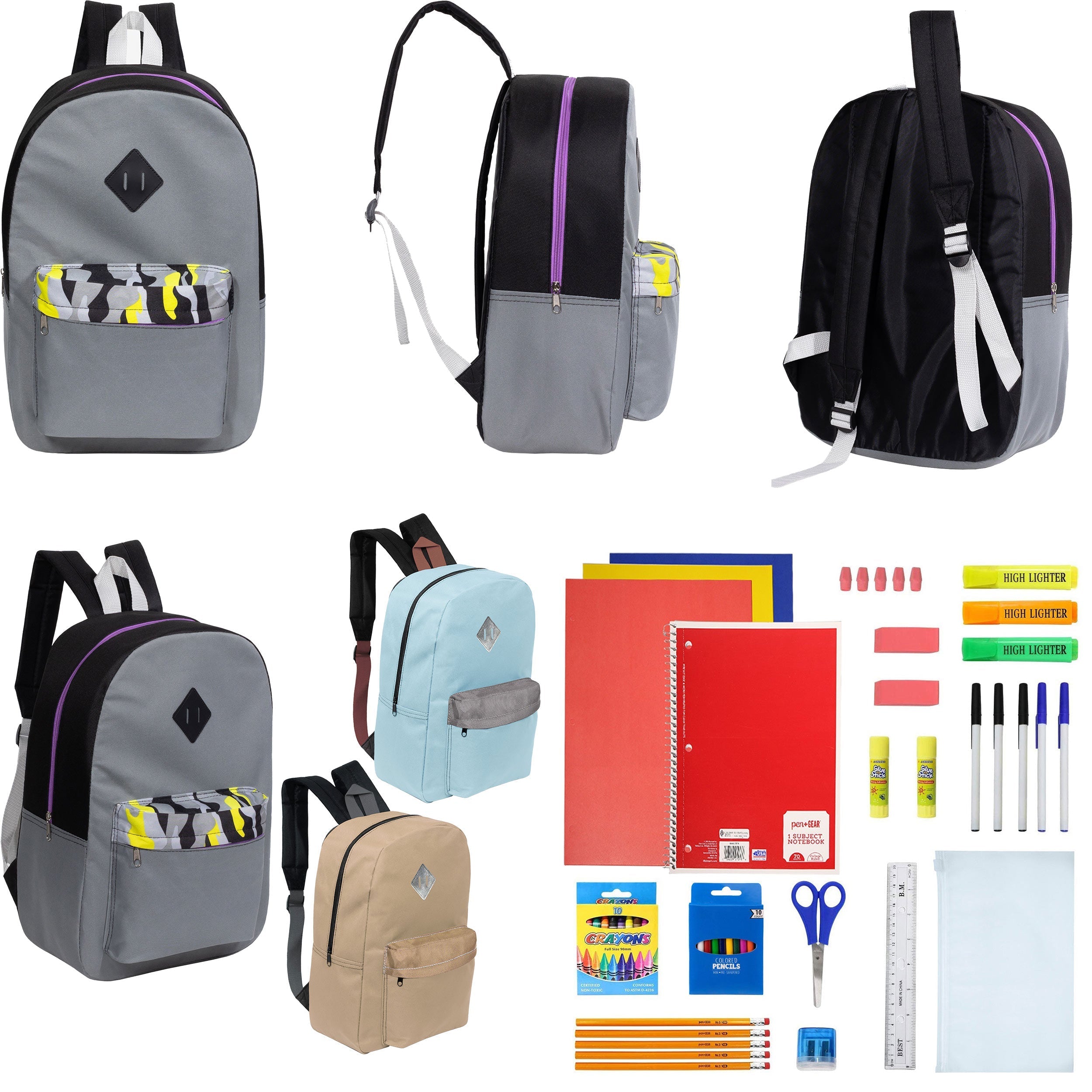 12 Wholesale 17" Padded Backpacks in 3 Random Prints & 12 Bulk School Supply Kits of Your Choice