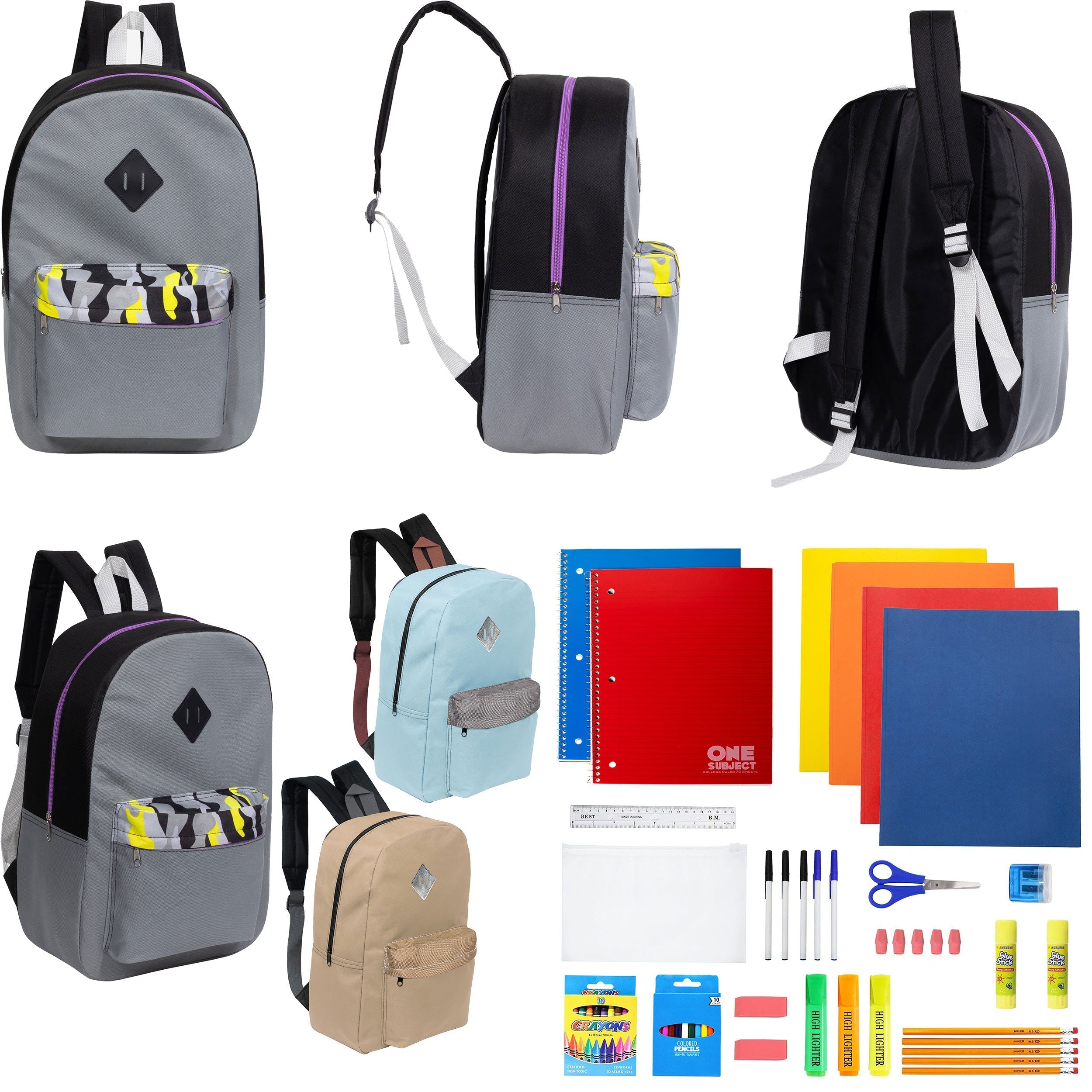 12 Wholesale 17" Padded Backpacks in 3 Random Prints & 12 Bulk School Supply Kits of Your Choice