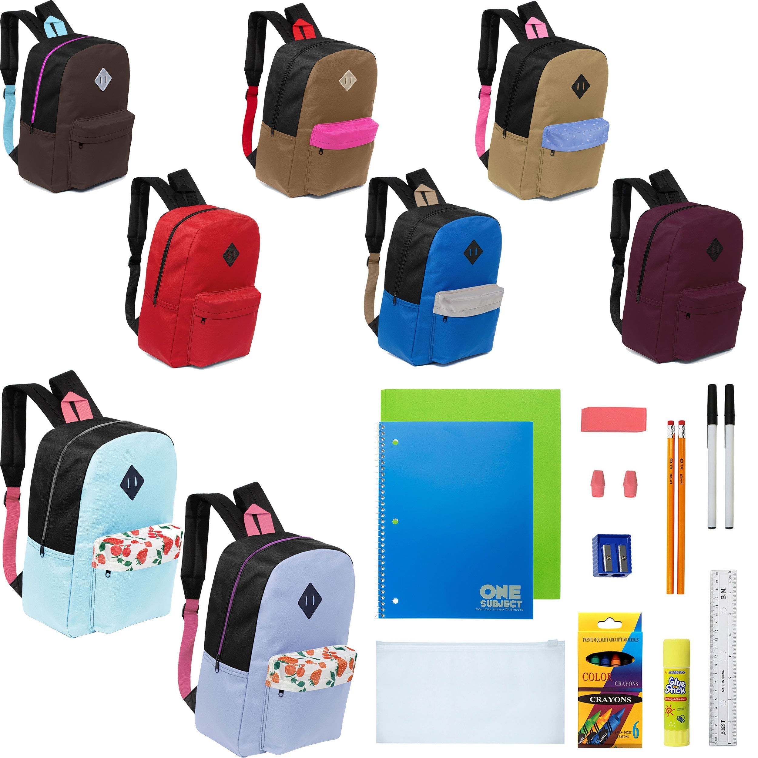 12 Wholesale 17" Padded Backpacks in 8 Random Prints & 12 Bulk School Supply Kits of Your Choice