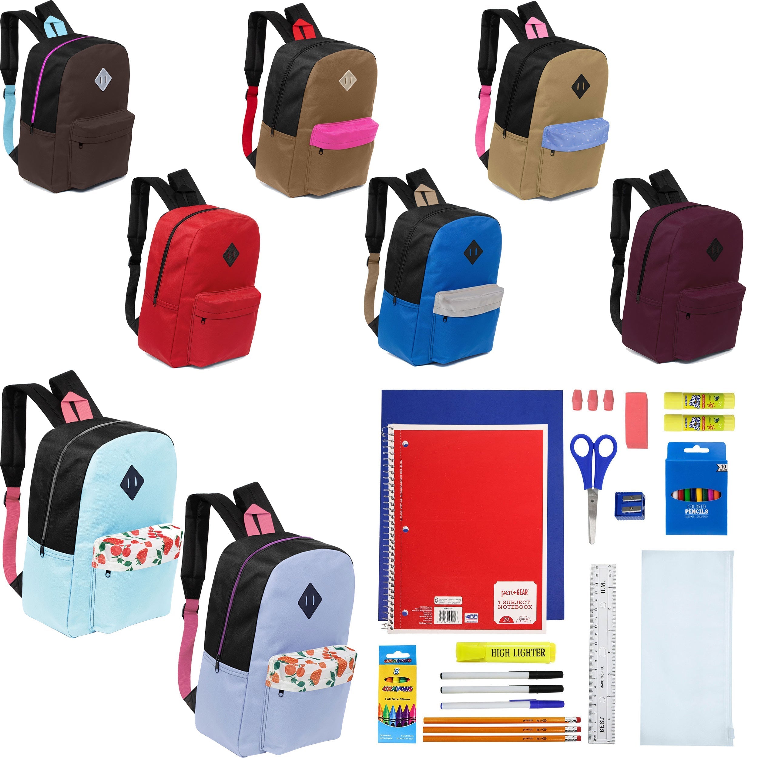 12 Wholesale 17" Padded Backpacks in 8 Random Prints & 12 Bulk School Supply Kits of Your Choice
