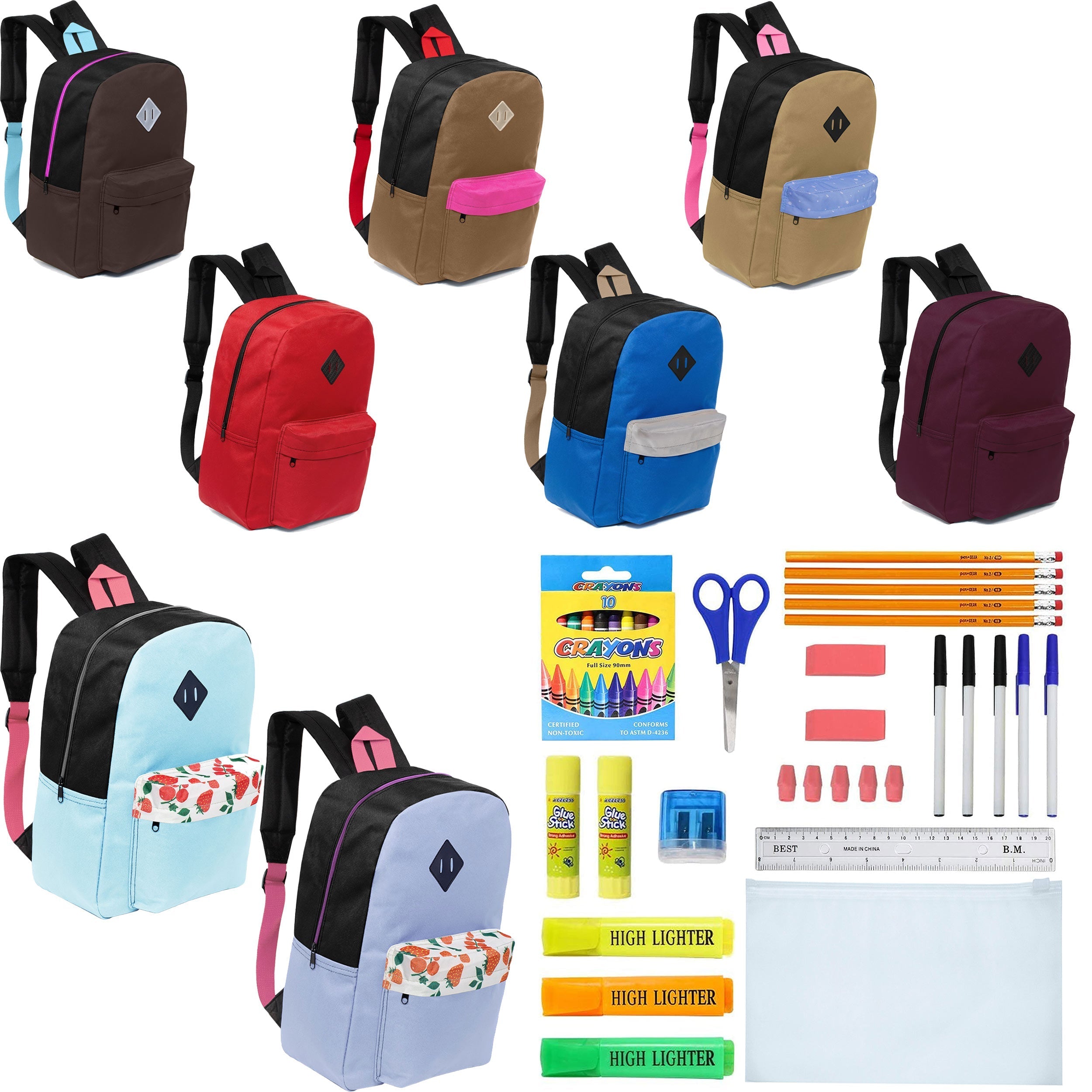 12 Wholesale 17" Padded Backpacks in 8 Random Prints & 12 Bulk School Supply Kits of Your Choice