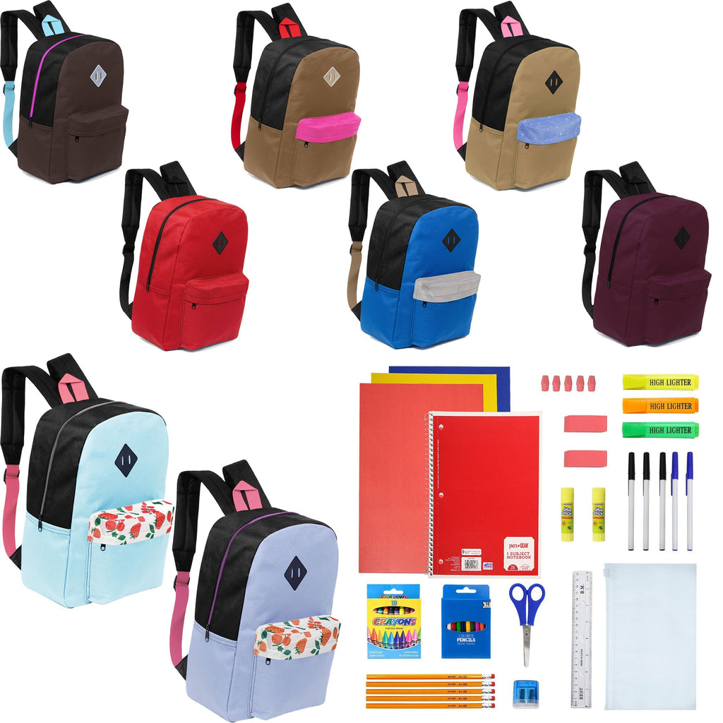 12 Wholesale 17" Padded Backpacks in 8 Random Prints & 12 Bulk School Supply Kits of Your Choice