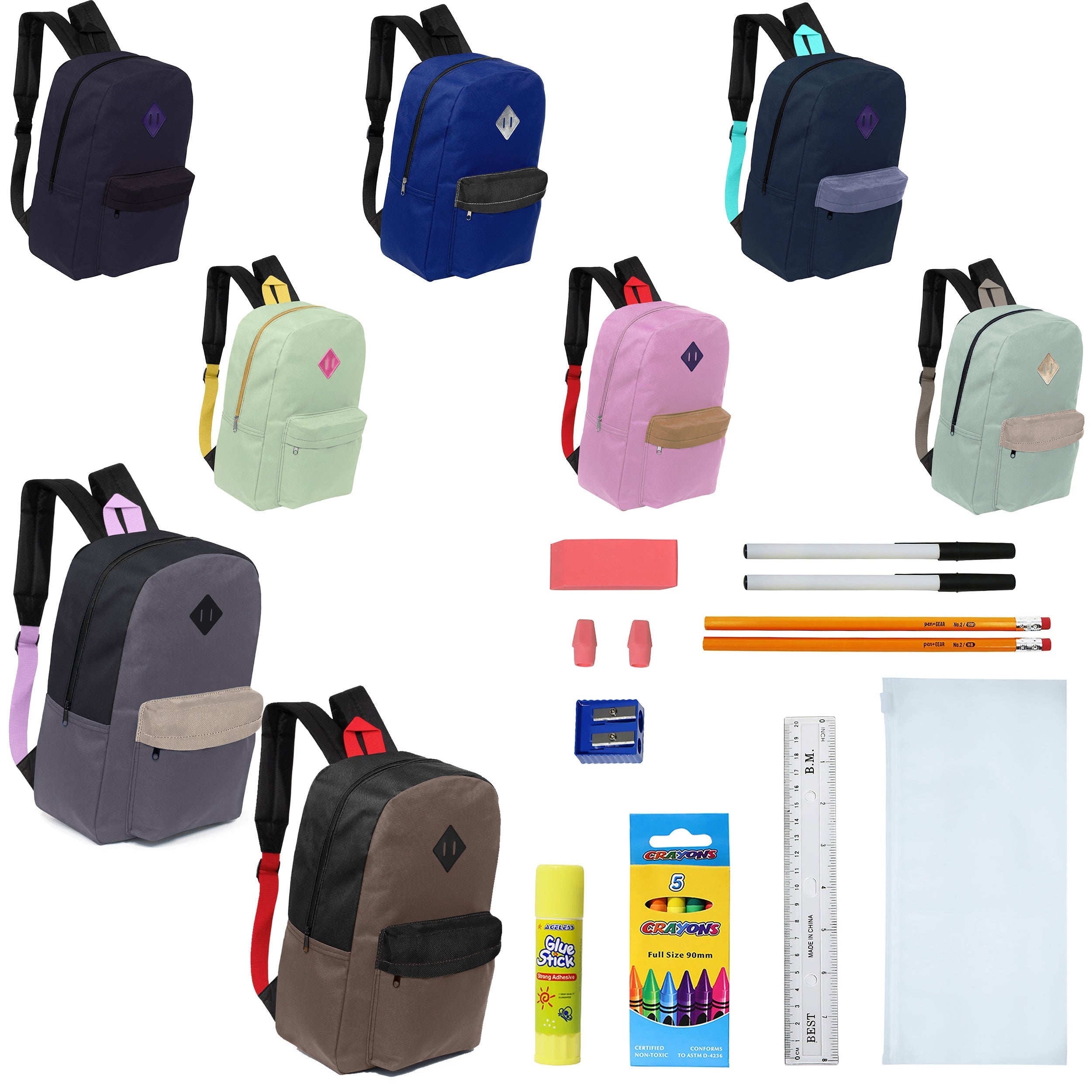 12 Wholesale 17" Padded Backpacks in Assorted Prints & 12 Bulk School Supply Kits of Your Choice