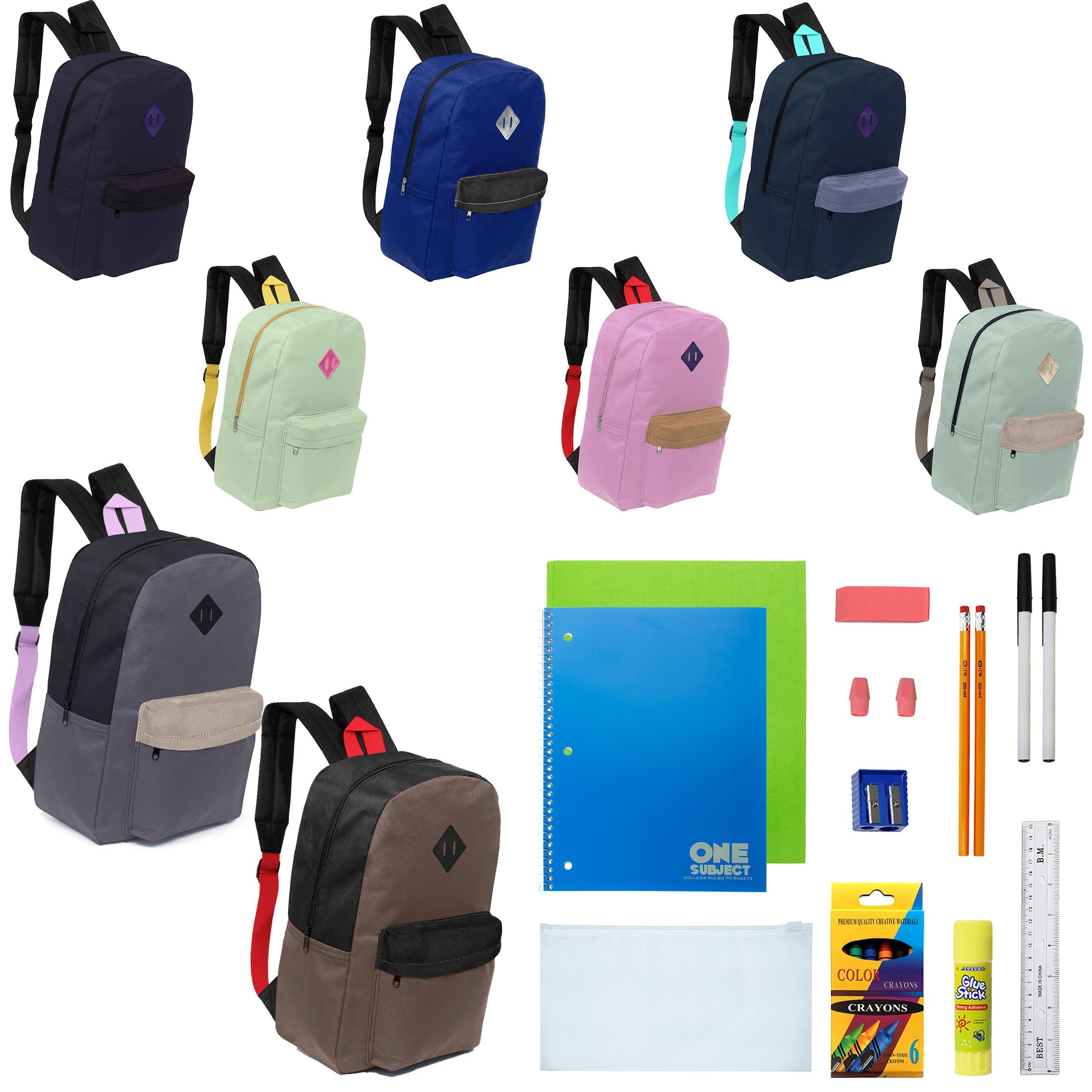 12 Wholesale 17" Padded Backpacks in Assorted Prints & 12 Bulk School Supply Kits of Your Choice