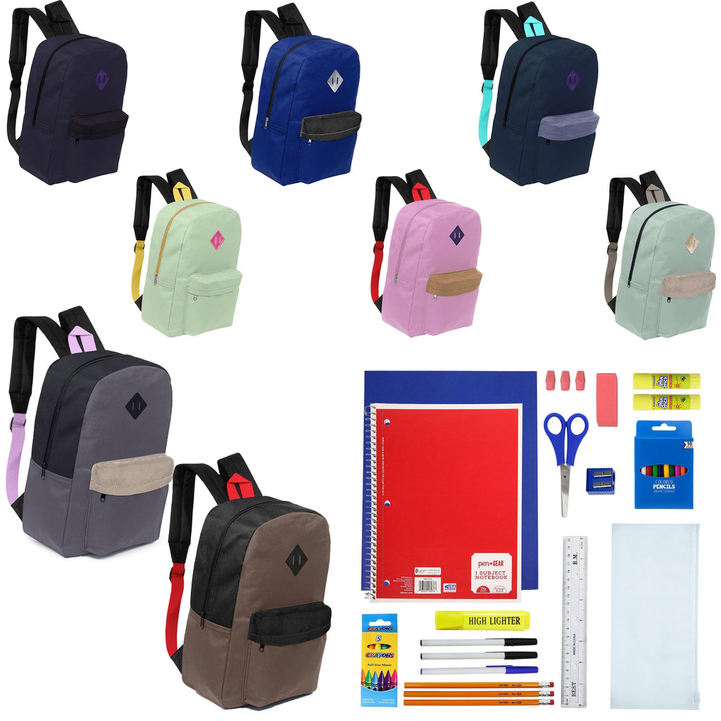 12 Wholesale 17" Padded Backpacks in Assorted Prints & 12 Bulk School Supply Kits of Your Choice