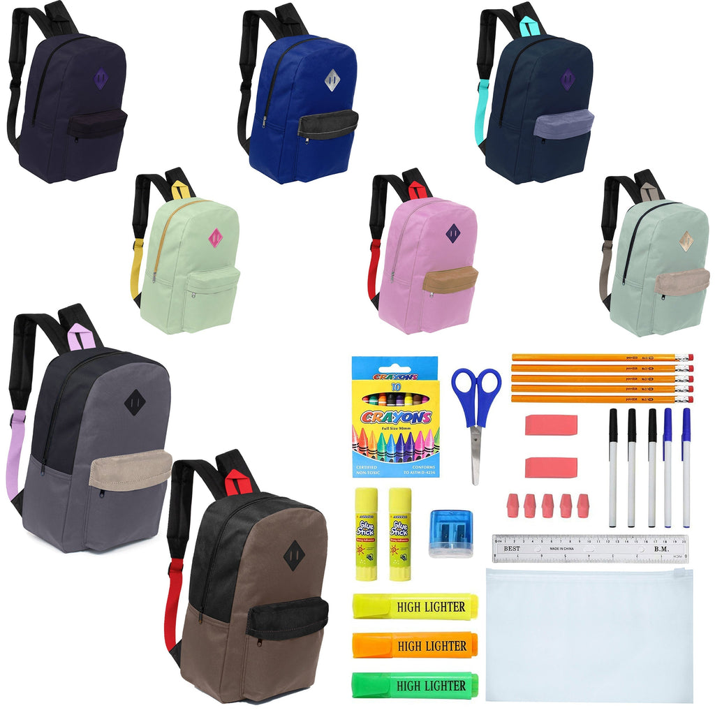12 Wholesale 17" Padded Backpacks in Assorted Prints & 12 Bulk School Supply Kits of Your Choice