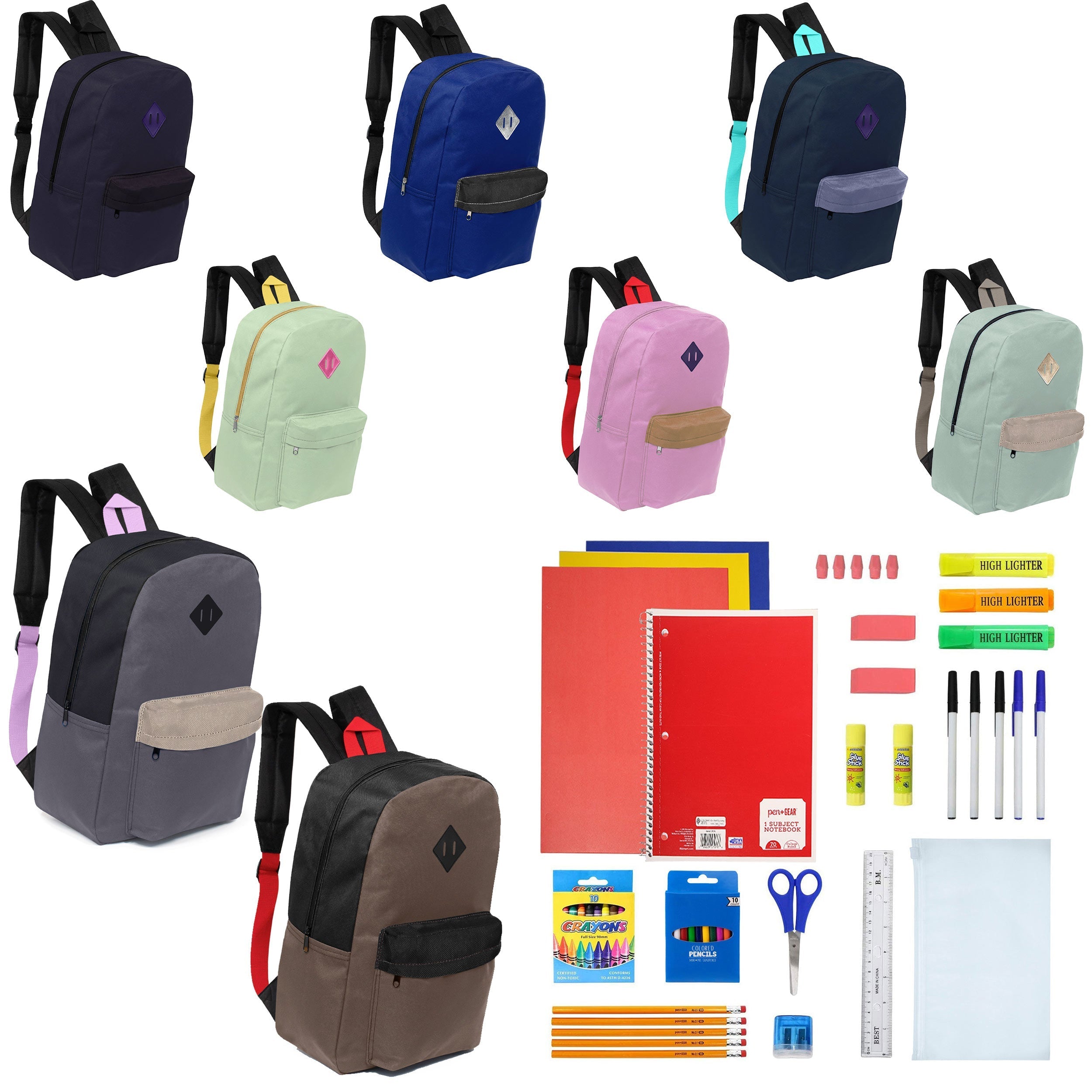 12 Wholesale 17" Padded Backpacks in Assorted Prints & 12 Bulk School Supply Kits of Your Choice
