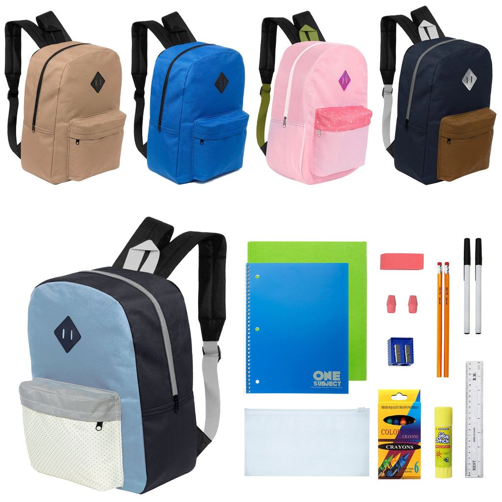 12 Wholesale 17" Padded Backpacks in 5 Prints / Colors & 12 Bulk School Supply Kits of Your Choice