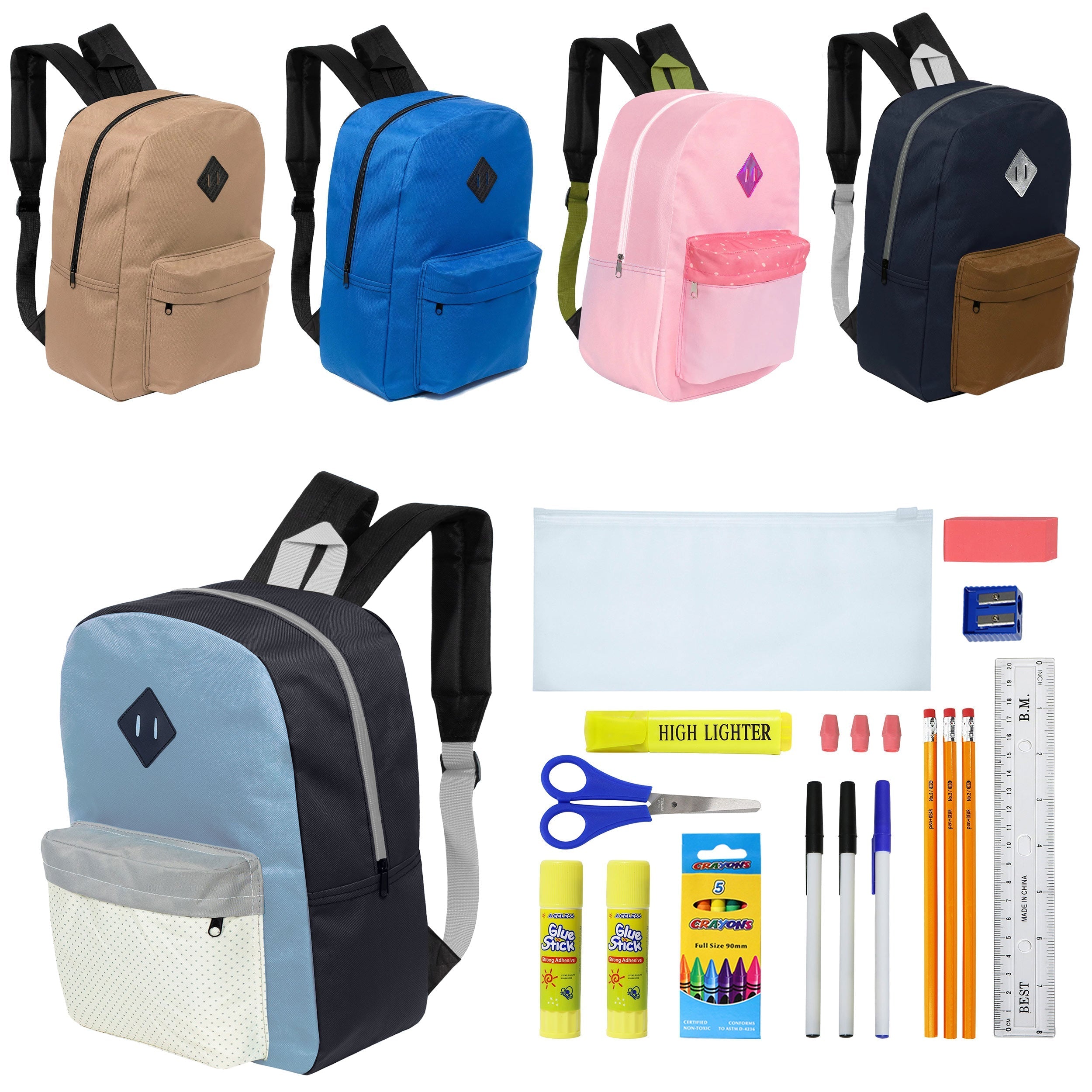 12 Wholesale 17" Padded Backpacks in 5 Prints / Colors & 12 Bulk School Supply Kits of Your Choice