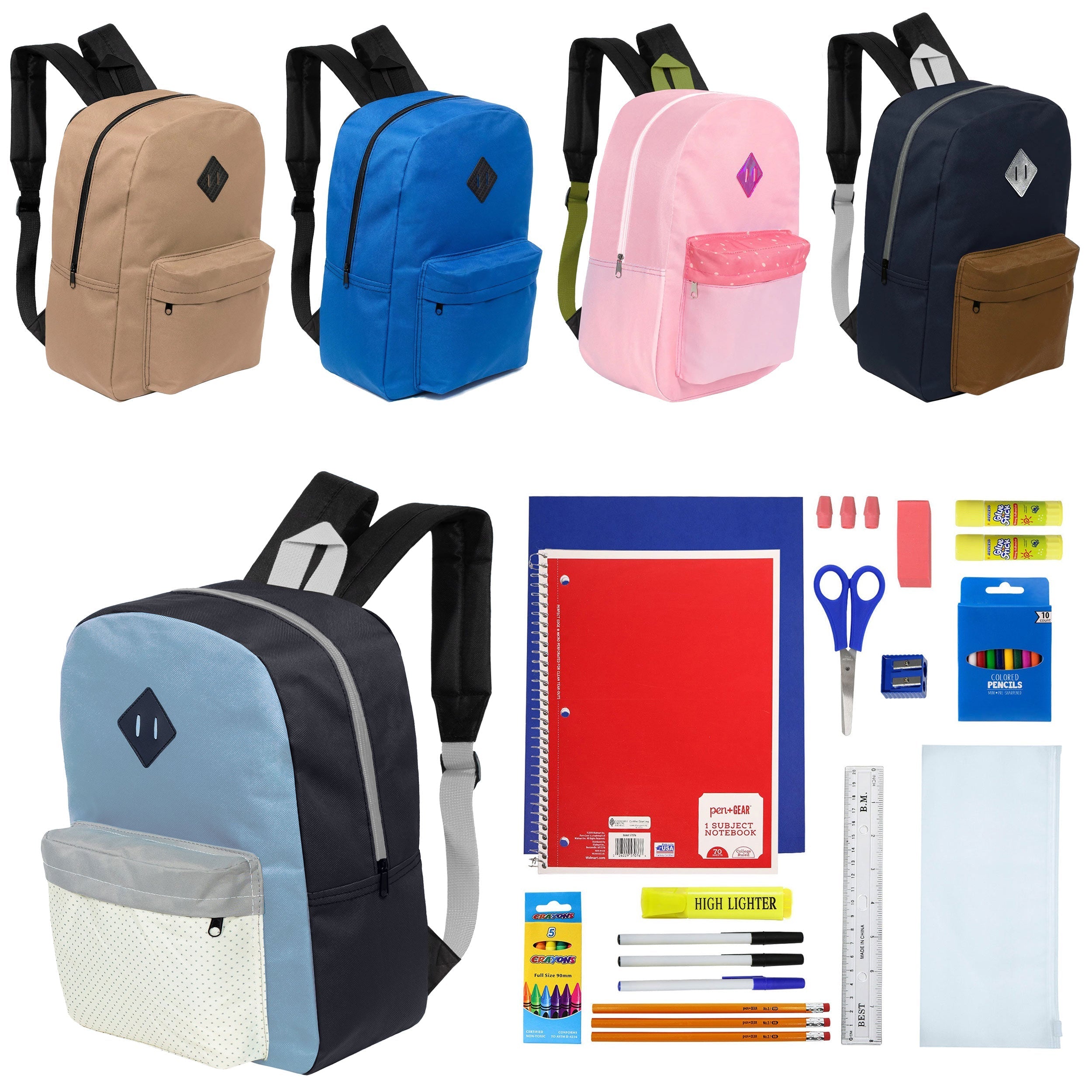12 Wholesale 17" Padded Backpacks in 5 Prints / Colors & 12 Bulk School Supply Kits of Your Choice