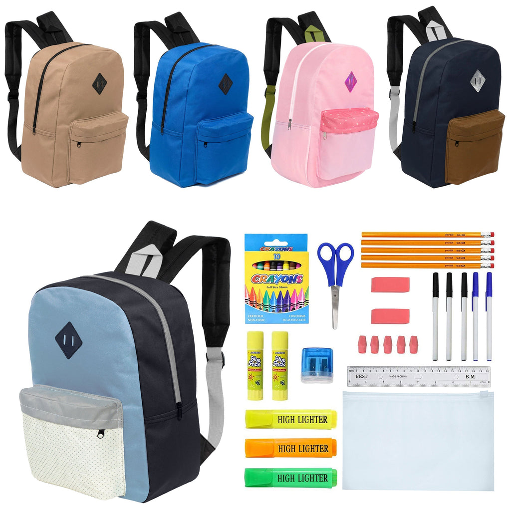 12 Wholesale 17" Padded Backpacks in 5 Prints / Colors & 12 Bulk School Supply Kits of Your Choice