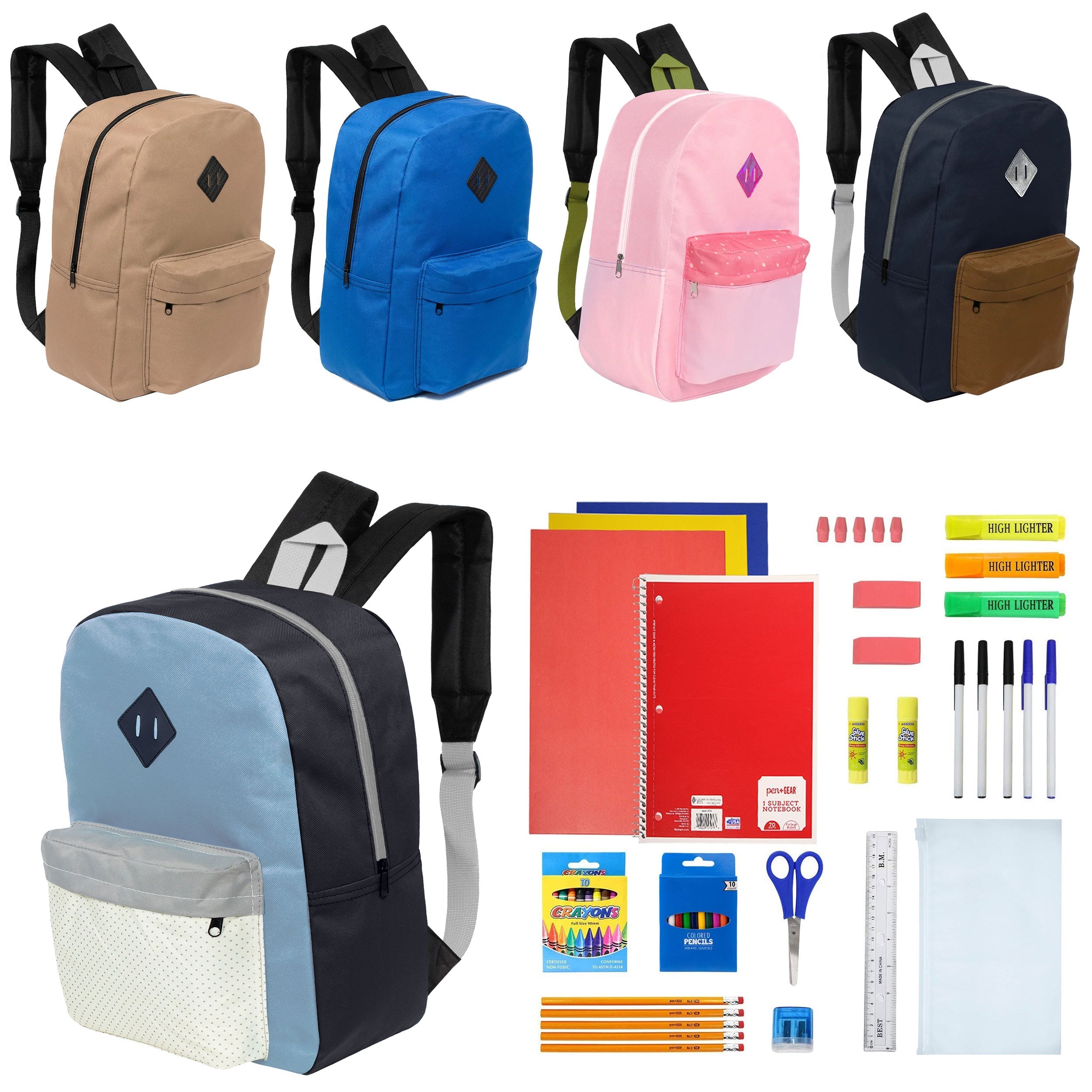 12 Wholesale 17" Padded Backpacks in 5 Prints / Colors & 12 Bulk School Supply Kits of Your Choice