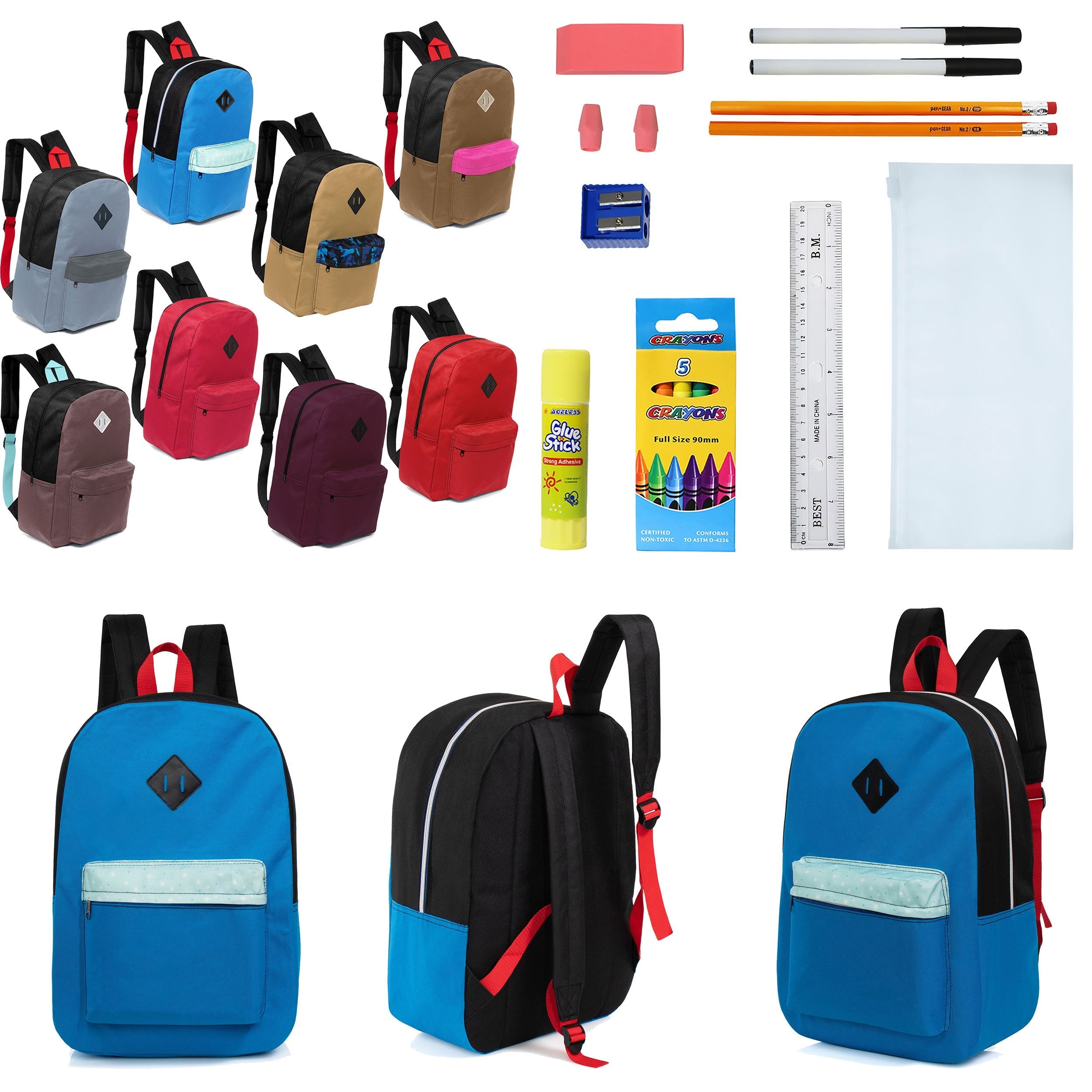 12 Wholesale 17" Padded Backpacks in 8 Random Prints & 12 Bulk School Supply Kits of Your Choice