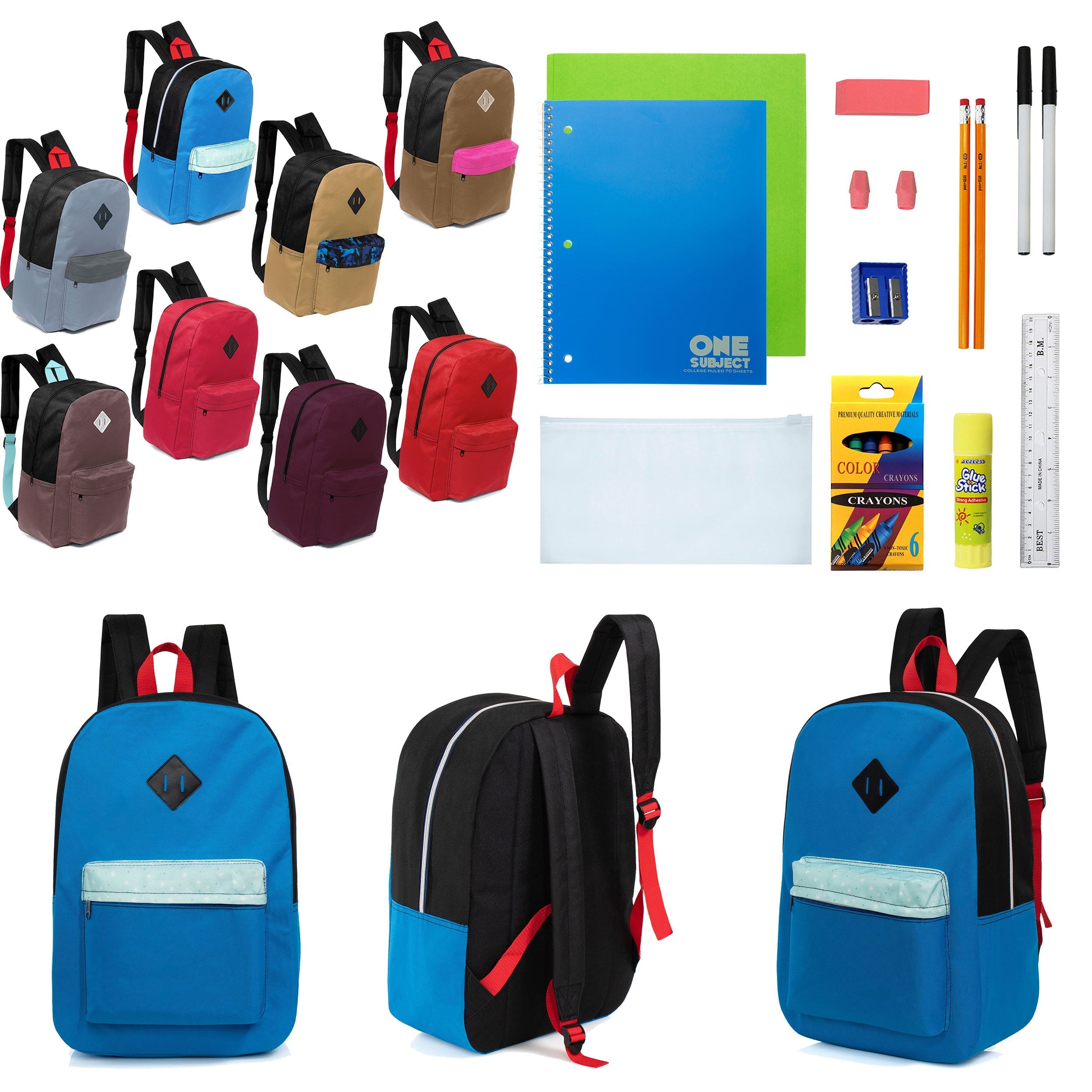 12 Wholesale 17" Padded Backpacks in 8 Random Prints & 12 Bulk School Supply Kits of Your Choice