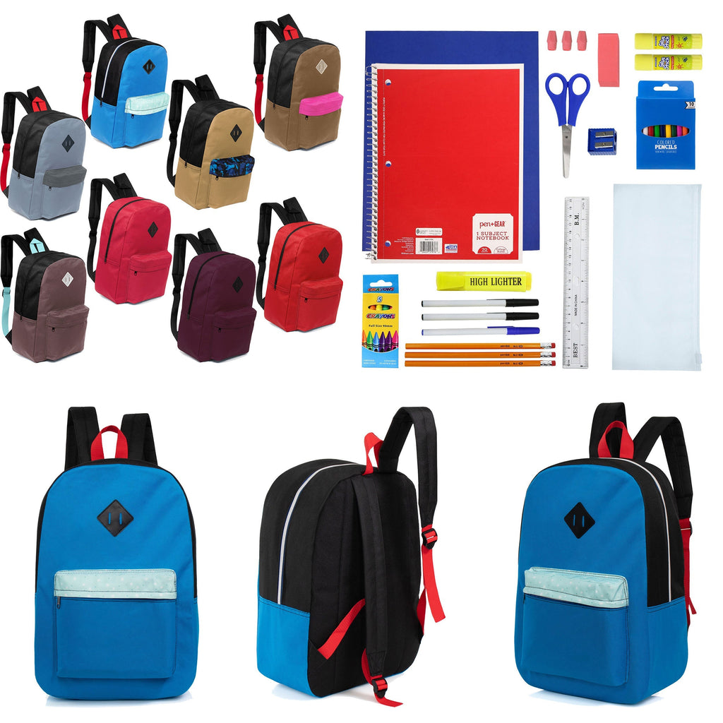 12 Wholesale 17" Padded Backpacks in 8 Random Prints & 12 Bulk School Supply Kits of Your Choice