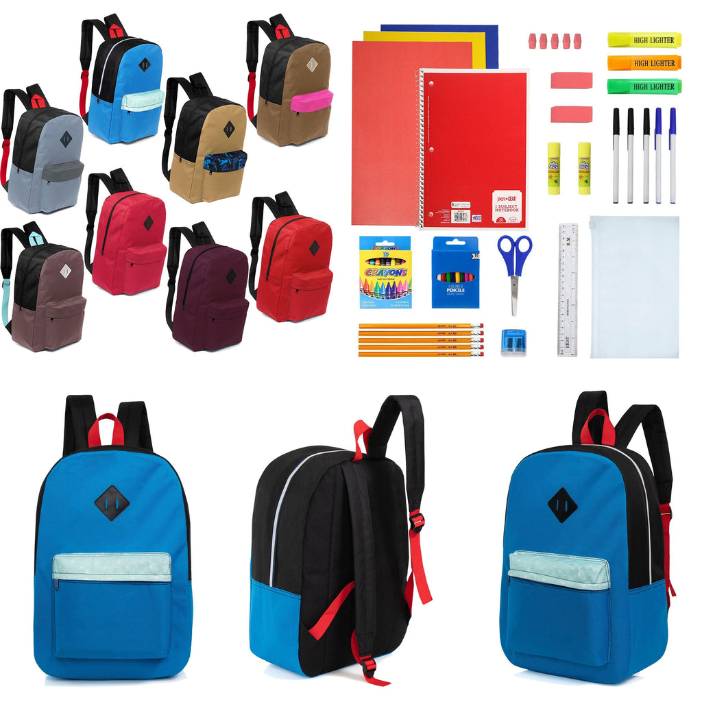 12 Wholesale 17" Padded Backpacks in 8 Random Prints & 12 Bulk School Supply Kits of Your Choice