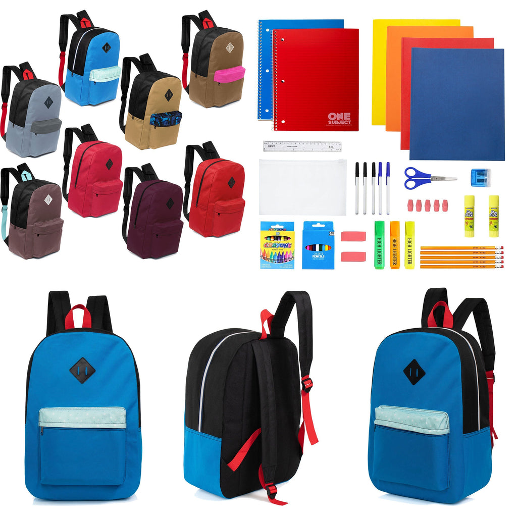 12 Wholesale 17" Padded Backpacks in 8 Random Prints & 12 Bulk School Supply Kits of Your Choice
