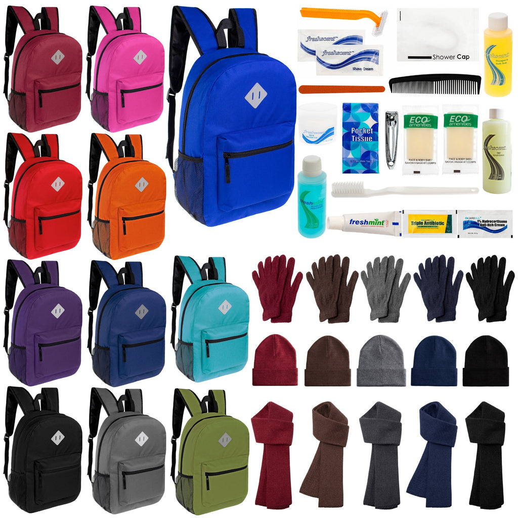 12 Diamond Patch 17" Backpacks, 12 Winter Item Sets & Your Choice of 12 Bulk Hygiene Kits - Wholesale Homeless Care Package