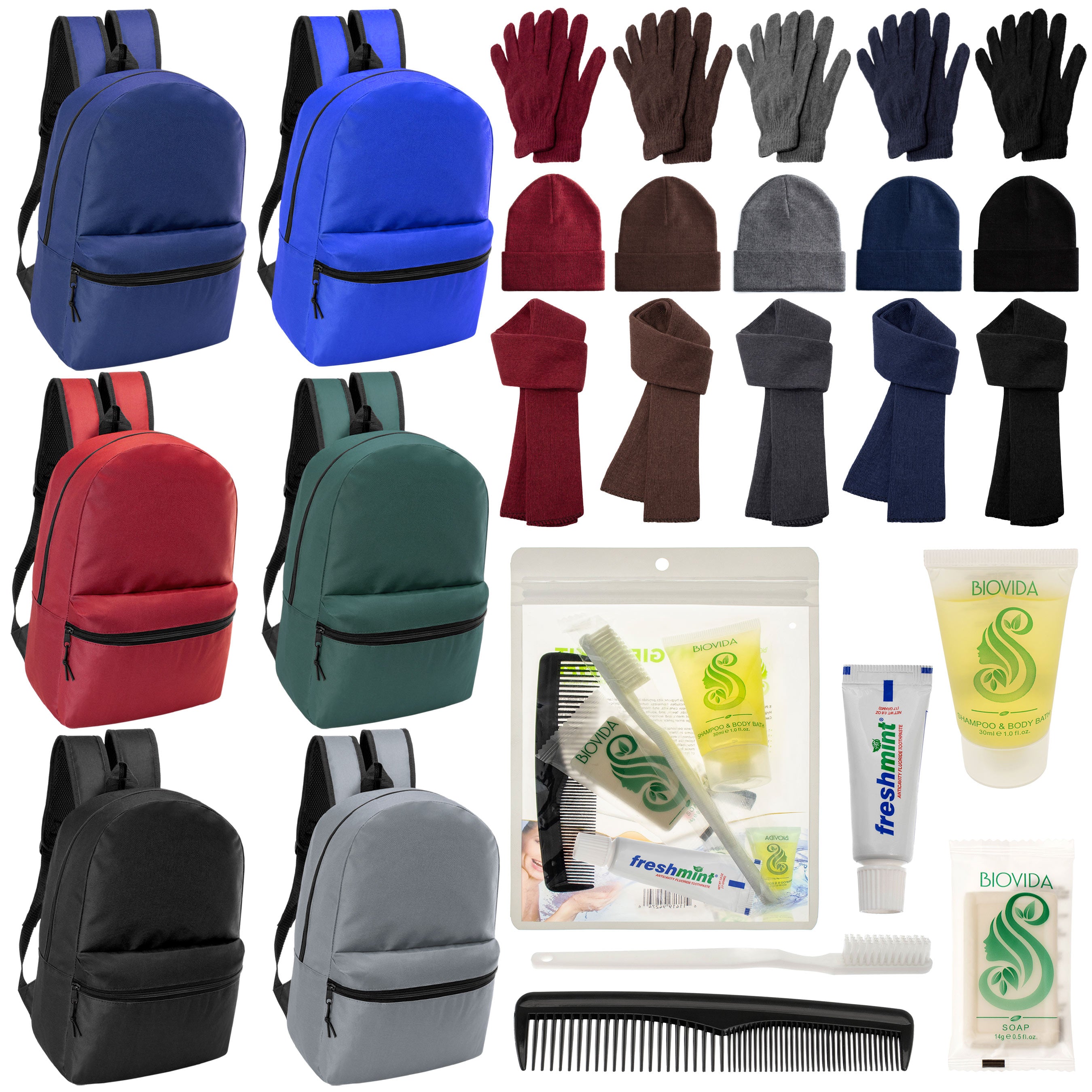 12 Basic 17" Backpacks in 6 Colors, 12 Winter Item Sets & Your Choice of 12 Bulk Hygiene Kits - Wholesale Homeless Care Package