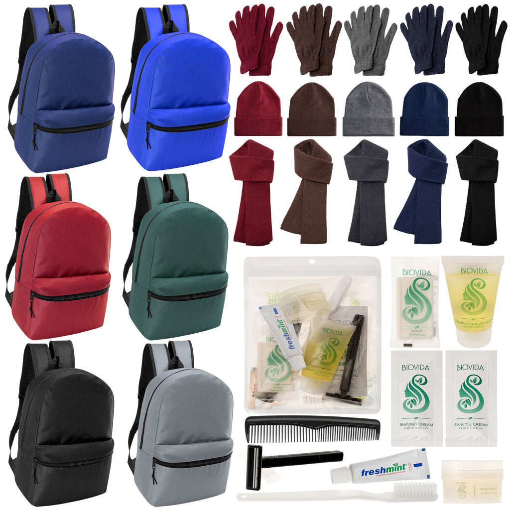 12 Basic 17" Backpacks in 6 Colors, 12 Winter Item Sets & Your Choice of 12 Bulk Hygiene Kits - Wholesale Homeless Care Package