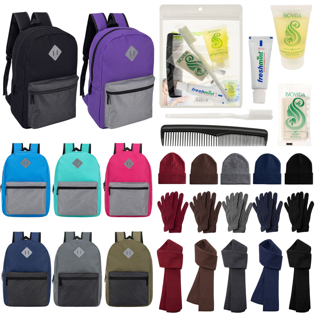 12 Multi Color Diamond Patch 17" Backpacks, 12 Winter Item Sets & Your Choice of 12 Bulk Hygiene Kits - Wholesale Homeless Care Package
