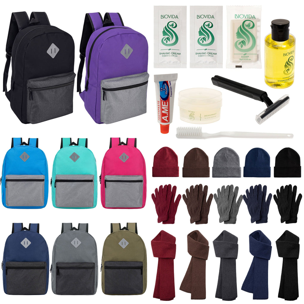 12 Multi Color Diamond Patch 17" Backpacks, 12 Winter Item Sets & Your Choice of 12 Bulk Hygiene Kits - Wholesale Homeless Care Package