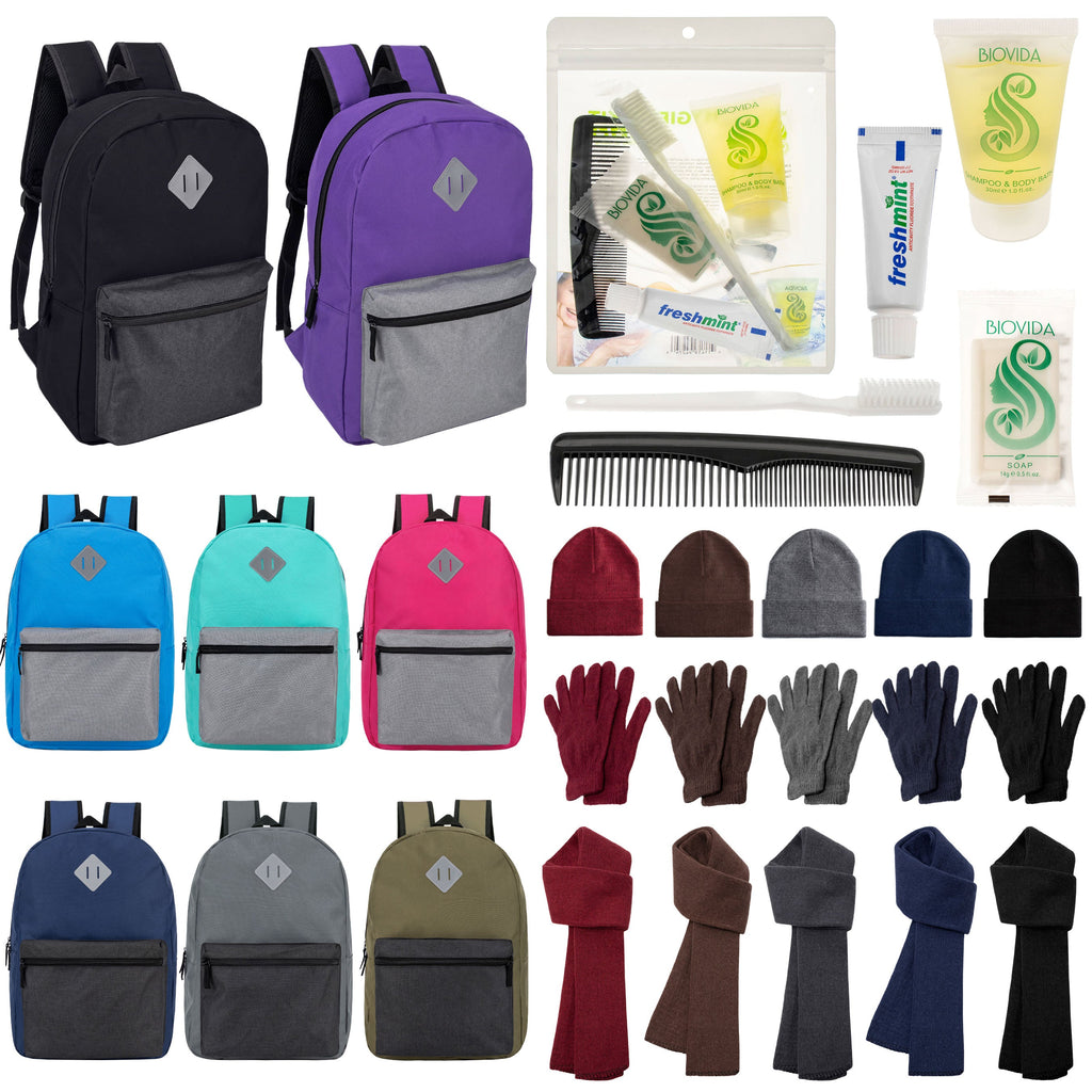 12 Multi Color Diamond Patch 17" Backpacks, 12 Winter Item Sets & Your Choice of 12 Bulk Hygiene Kits - Wholesale Homeless Care Package