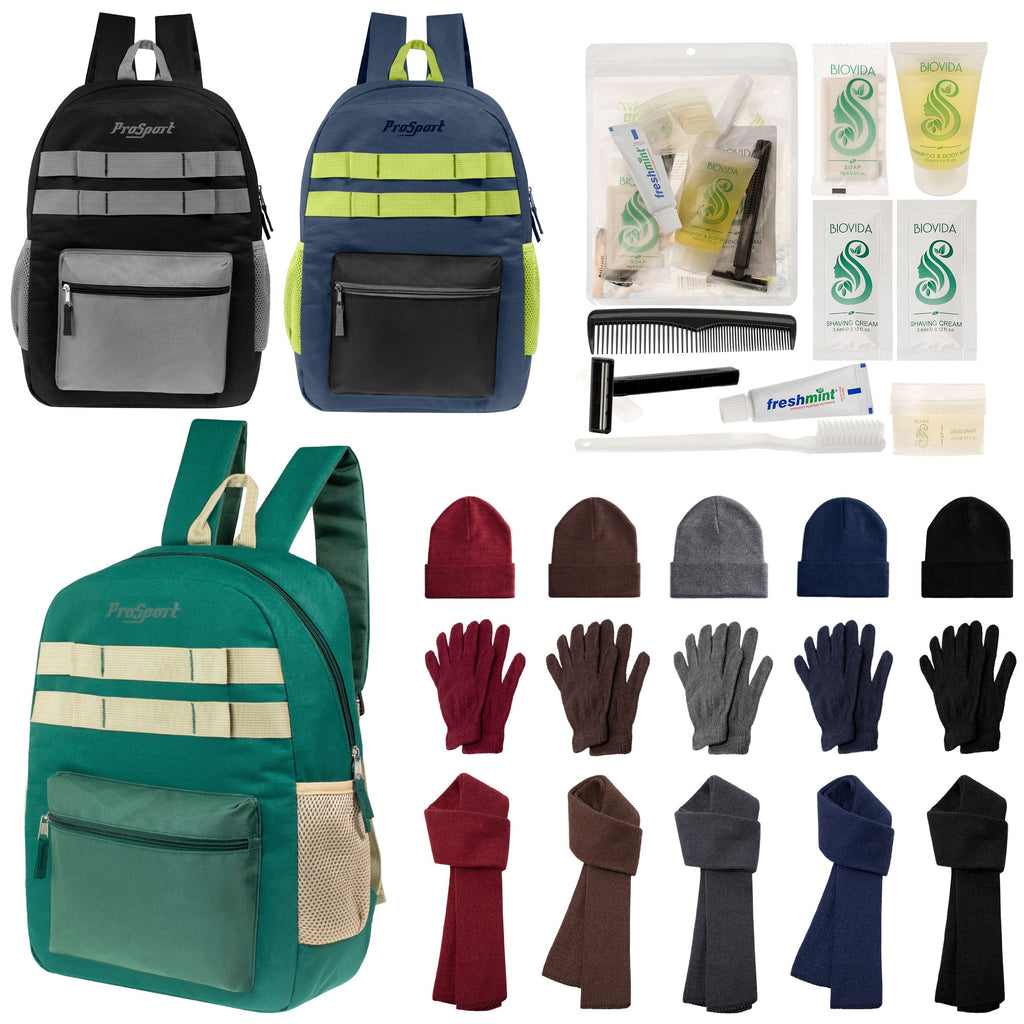 12 Durable 17" Multi- Color Backpacks, 12 Winter Item Sets & Your Choice of 12 Bulk Hygiene Kits - Wholesale Homeless Care Package