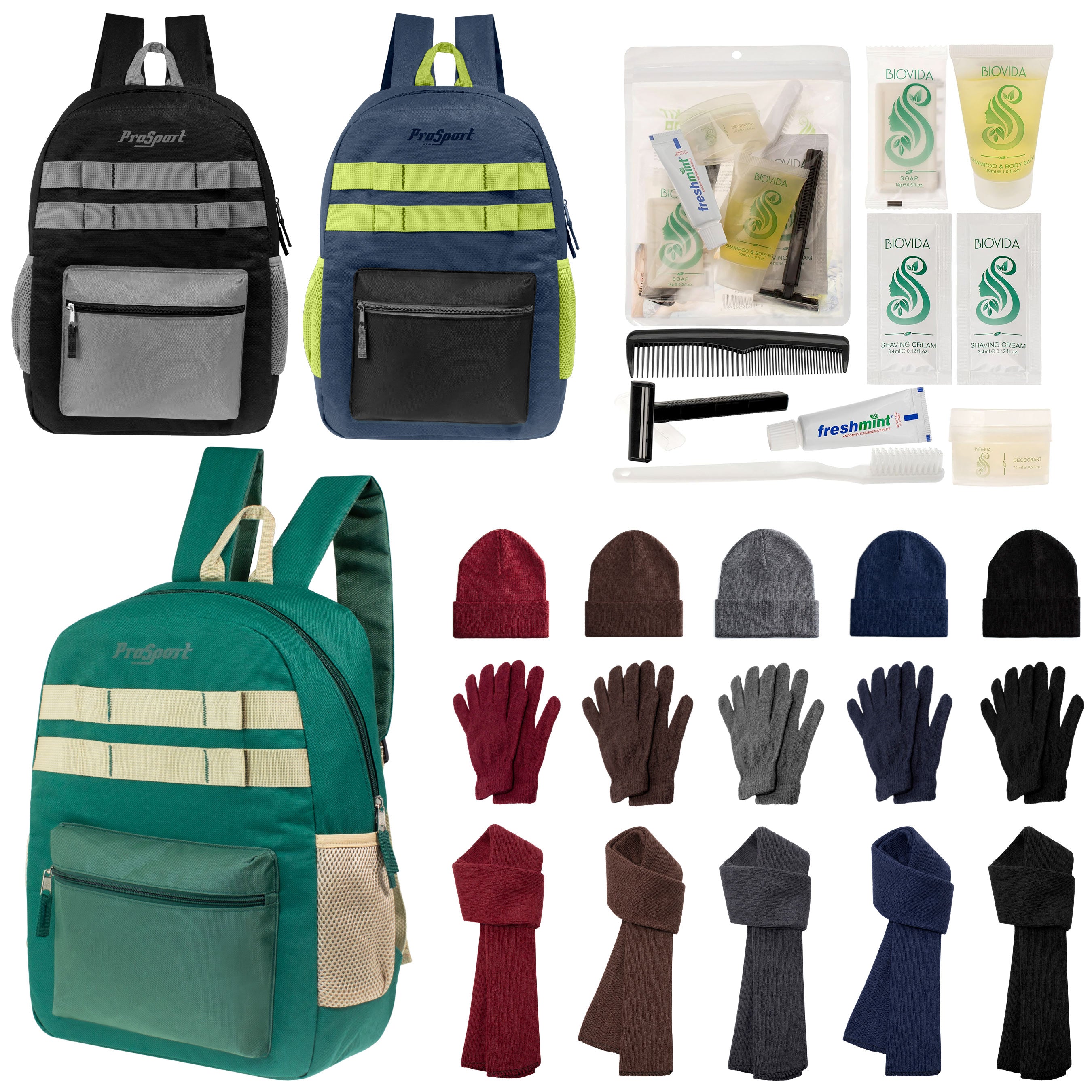 12 Durable 17" Multi- Color Backpacks, 12 Winter Item Sets & Your Choice of 12 Bulk Hygiene Kits - Wholesale Homeless Care Package