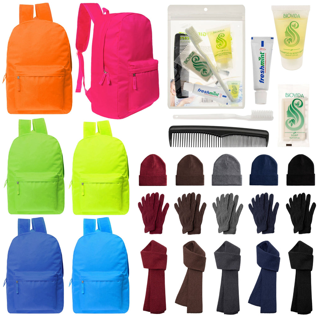 12 Deluxe Bungee 17" Backpacks in 8 Colors, 12 Winter Item Sets & Your Choice of 12 Bulk Hygiene Kits - Wholesale Homeless Care Package