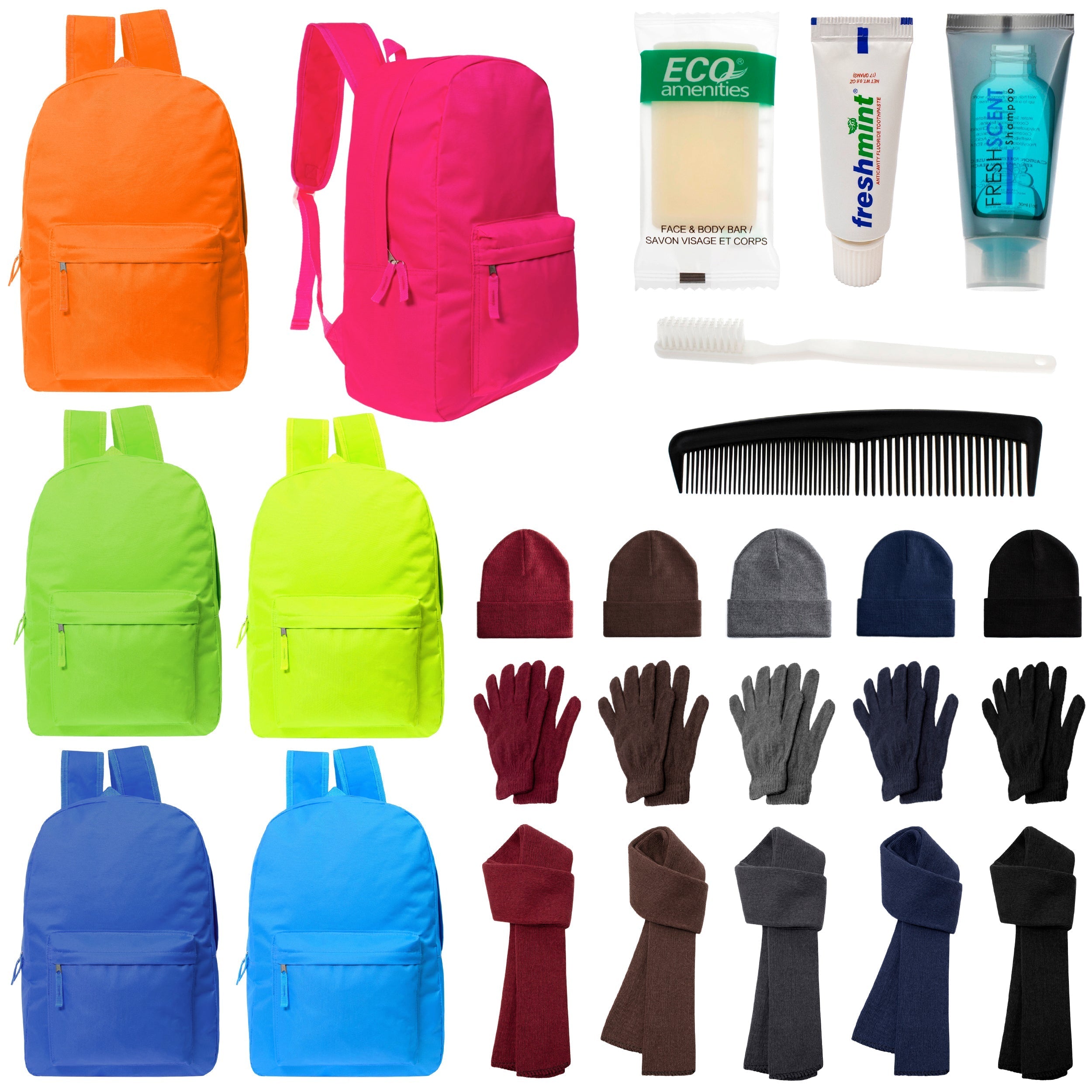 12 Deluxe Bungee 17" Backpacks in 8 Colors, 12 Winter Item Sets & Your Choice of 12 Bulk Hygiene Kits - Wholesale Homeless Care Package