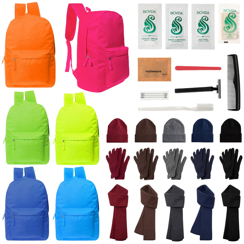 12 Deluxe Bungee 17" Backpacks in 8 Colors, 12 Winter Item Sets & Your Choice of 12 Bulk Hygiene Kits - Wholesale Homeless Care Package