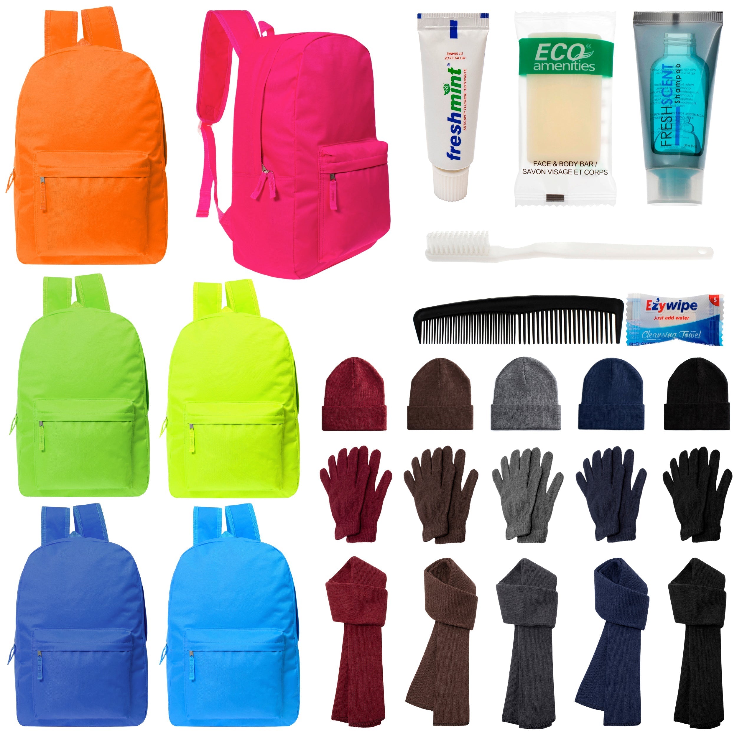 12 Deluxe Bungee 17" Backpacks in 8 Colors, 12 Winter Item Sets & Your Choice of 12 Bulk Hygiene Kits - Wholesale Homeless Care Package