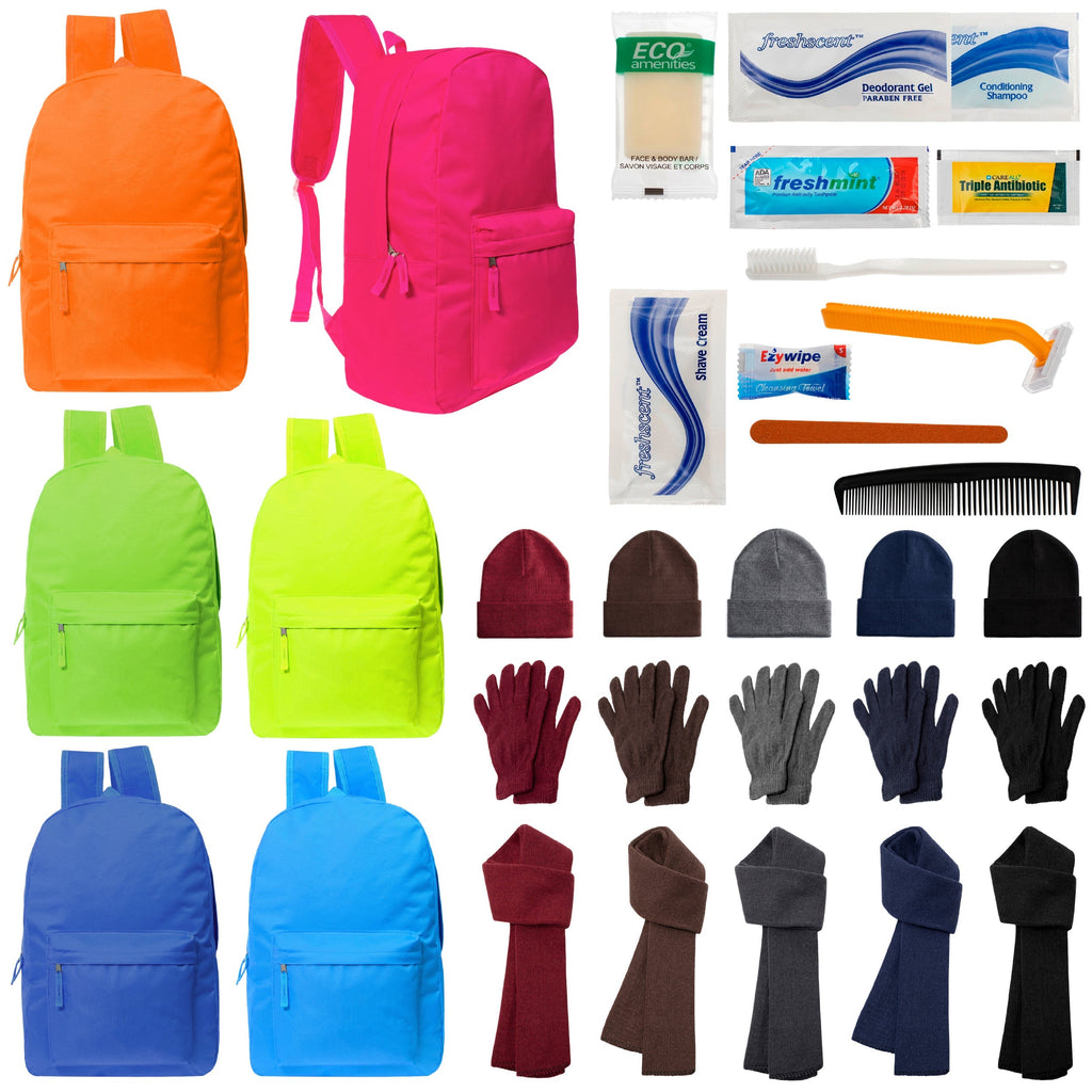 12 Deluxe Bungee 17" Backpacks in 8 Colors, 12 Winter Item Sets & Your Choice of 12 Bulk Hygiene Kits - Wholesale Homeless Care Package