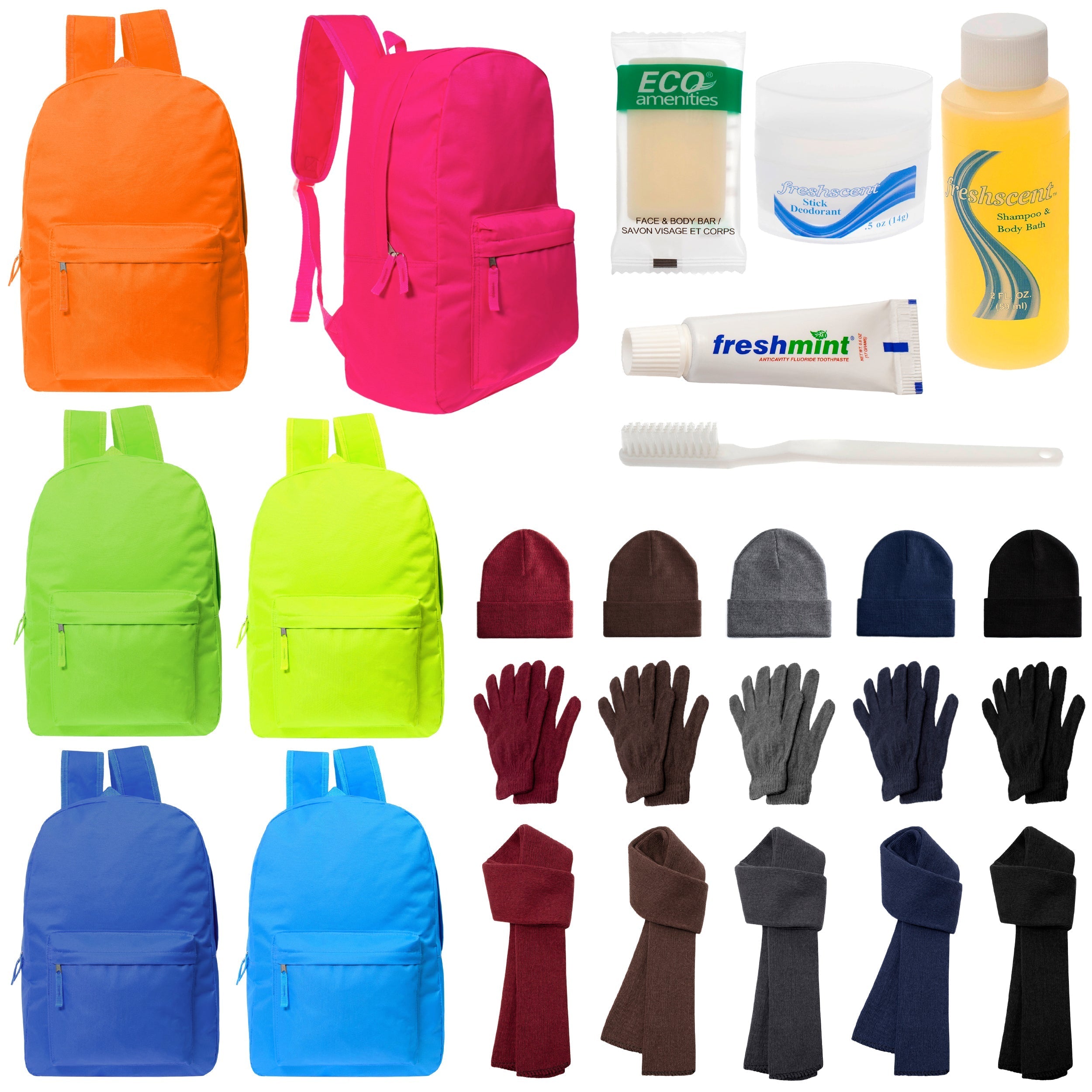 12 Deluxe Bungee 17" Backpacks in 8 Colors, 12 Winter Item Sets & Your Choice of 12 Bulk Hygiene Kits - Wholesale Homeless Care Package