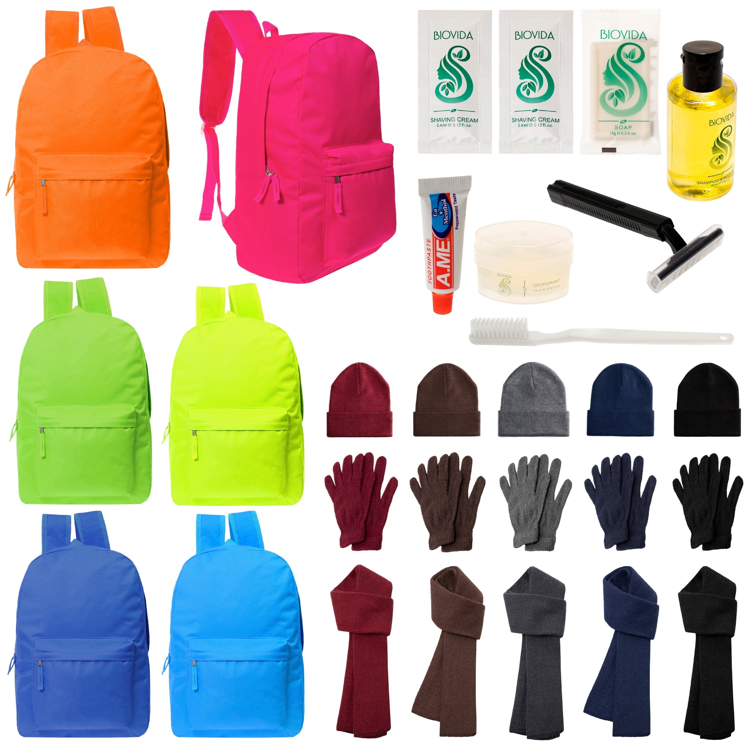 12 Deluxe Bungee 17" Backpacks in 8 Colors, 12 Winter Item Sets & Your Choice of 12 Bulk Hygiene Kits - Wholesale Homeless Care Package