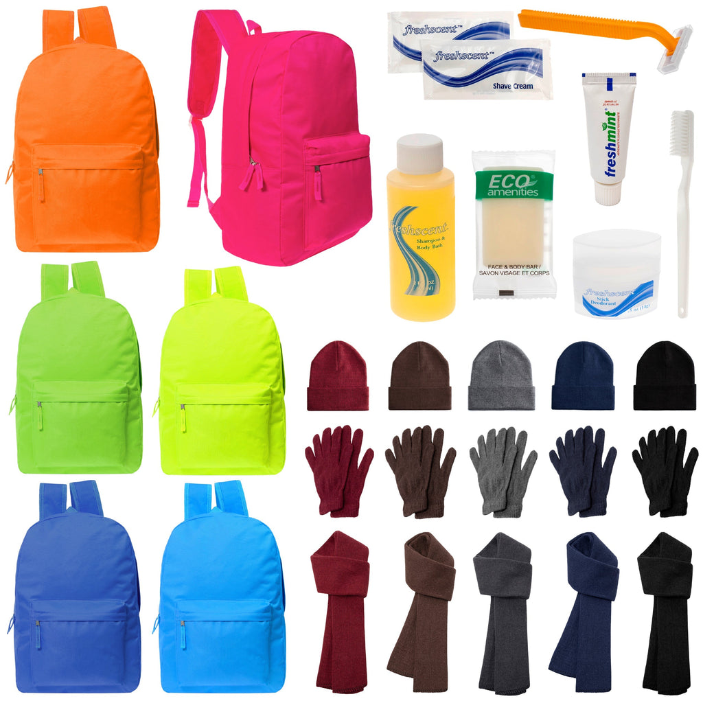 12 Deluxe Bungee 17" Backpacks in 8 Colors, 12 Winter Item Sets & Your Choice of 12 Bulk Hygiene Kits - Wholesale Homeless Care Package
