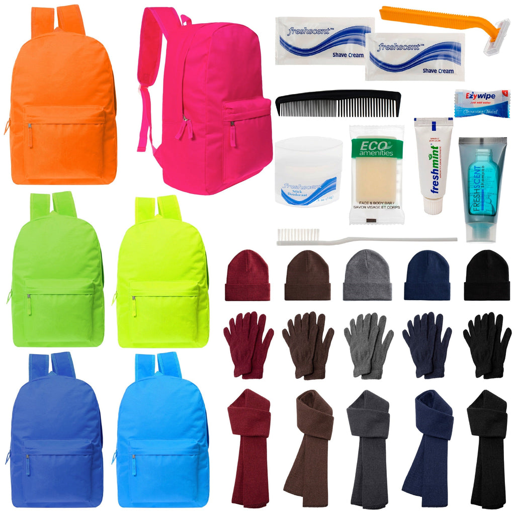 12 Deluxe Bungee 17" Backpacks in 8 Colors, 12 Winter Item Sets & Your Choice of 12 Bulk Hygiene Kits - Wholesale Homeless Care Package