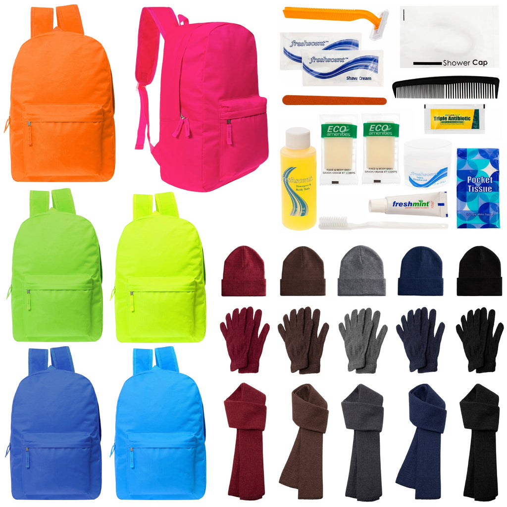 12 Deluxe Bungee 17" Backpacks in 8 Colors, 12 Winter Item Sets & Your Choice of 12 Bulk Hygiene Kits - Wholesale Homeless Care Package